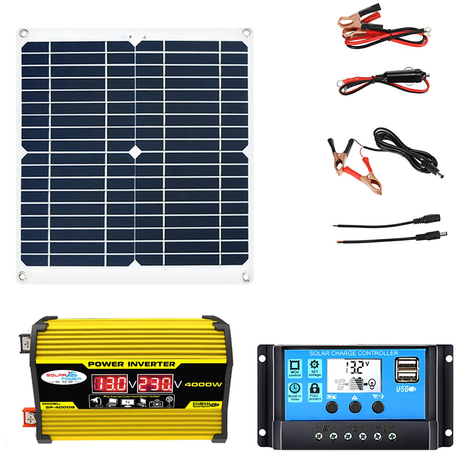 Zestaw wodoodpornych paneli słonecznych 300 W z falownikiem 4000 W i inteligentnym kontrolerem 100 A do zasilania kempingów i pojazdów rekreacyjnych – dwa porty w zestawie(220V)