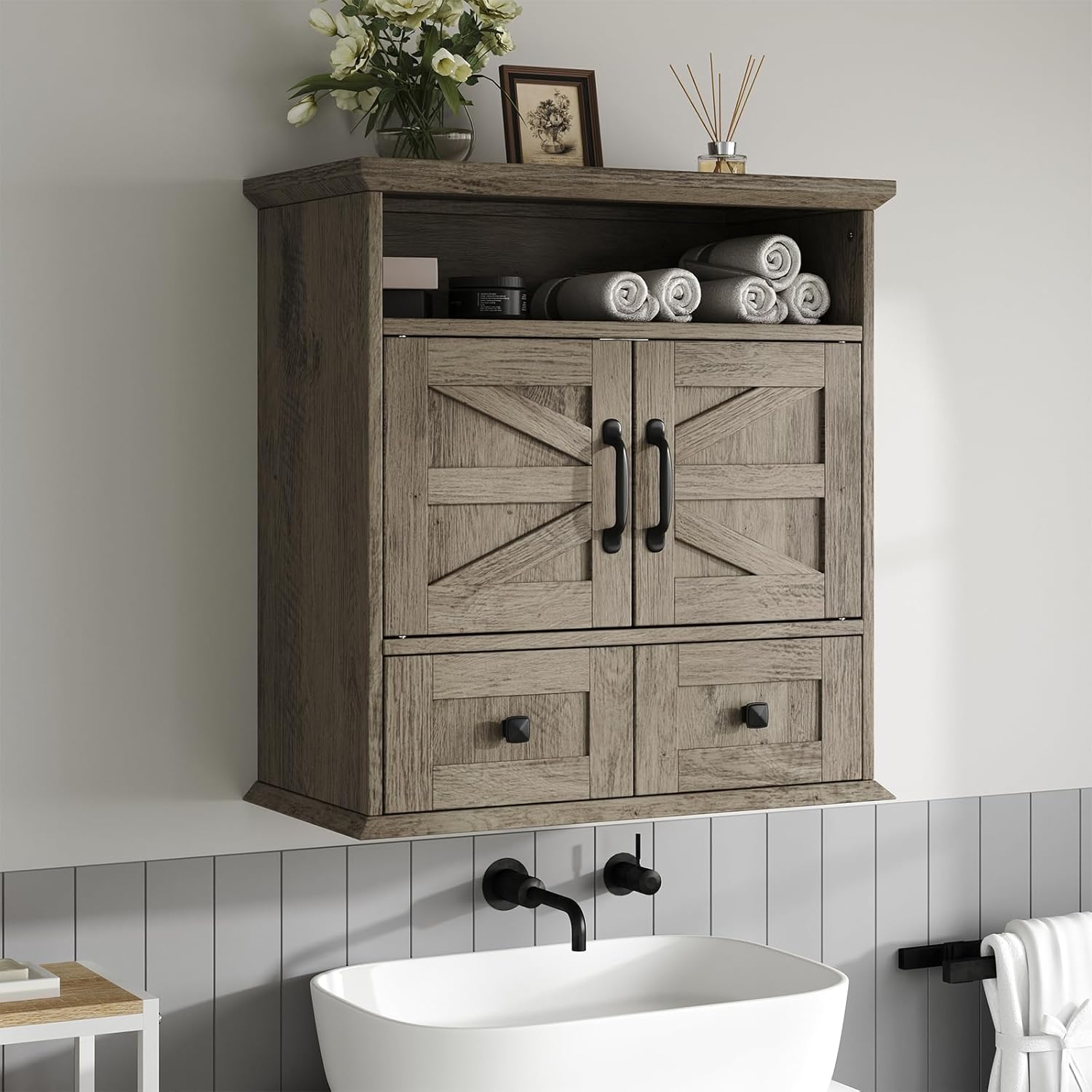 Bathroom Wall Cabinet, Farmhouse Medicine Cabinet with Drawer, Double Barn Doors, Adjustable Shelf, Wall Mounted Storage Cabinets for Bathroom, Kitchen, Living Room, Grey
