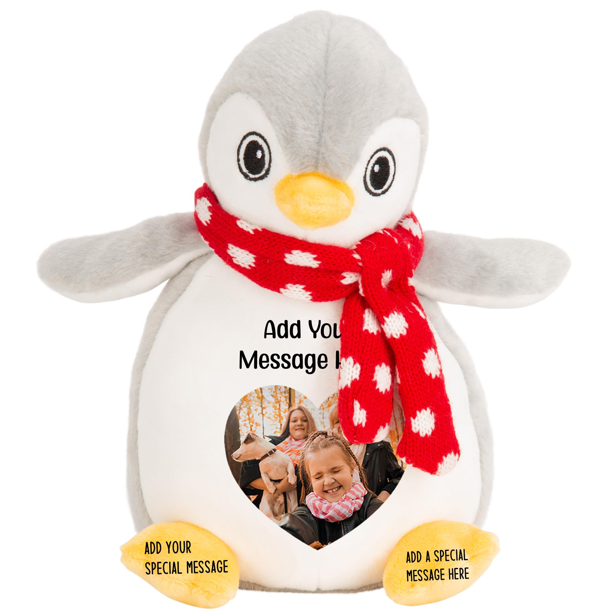 Personalised Photo Teddy Bear – Add Photo on Front & Text on Feet | 28 Styles | Custom Keepsake Gift for Baby, Sympathy, Birthday & More (Grey Penguin Teddy Bear)