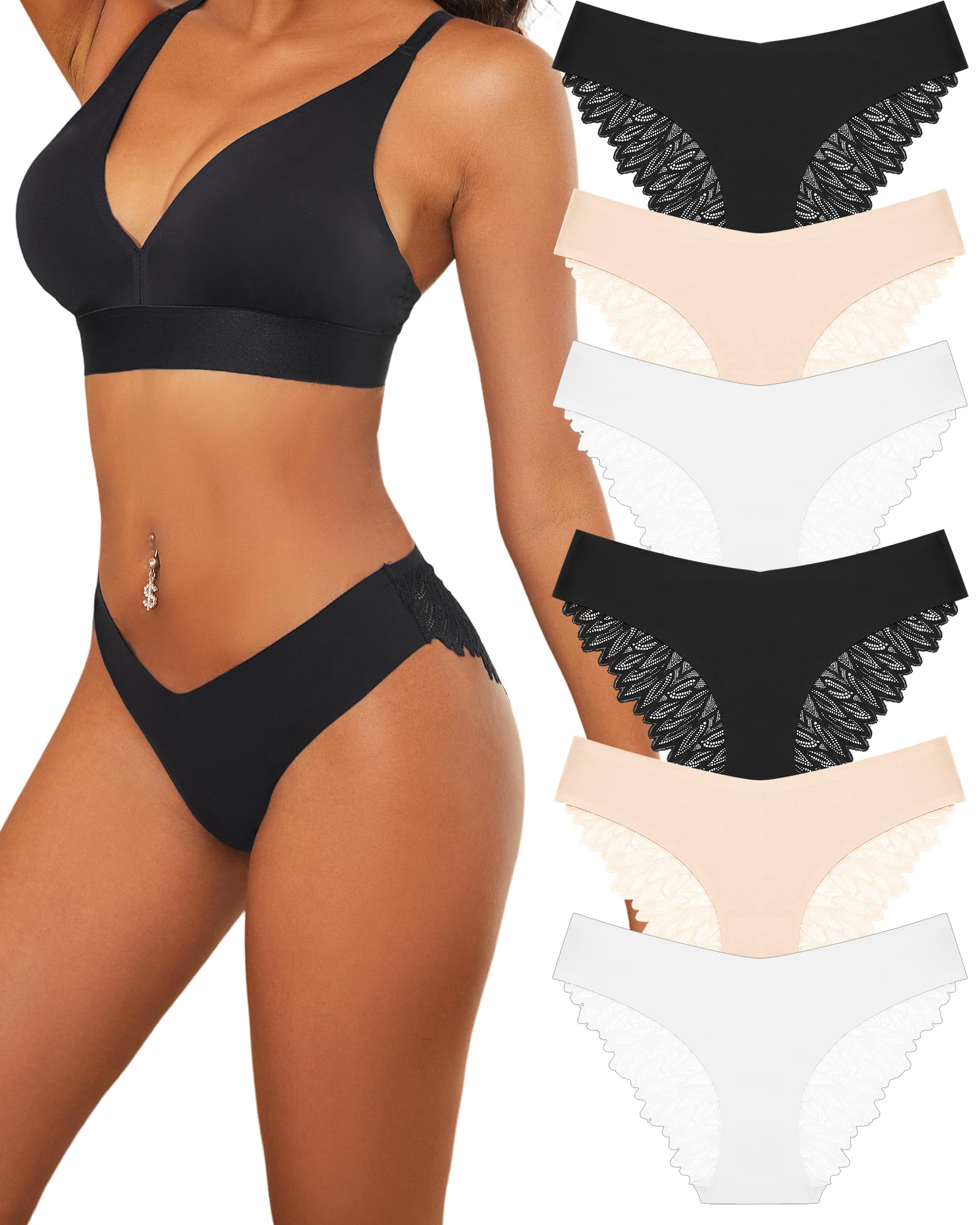 ALL OF ME 6er Pack Slip Nahtlos Spitzen Slips Frauen Unterhosen Sexy V Waisted Panties Bequem Brazilian Hipster Mehrpack S-XL