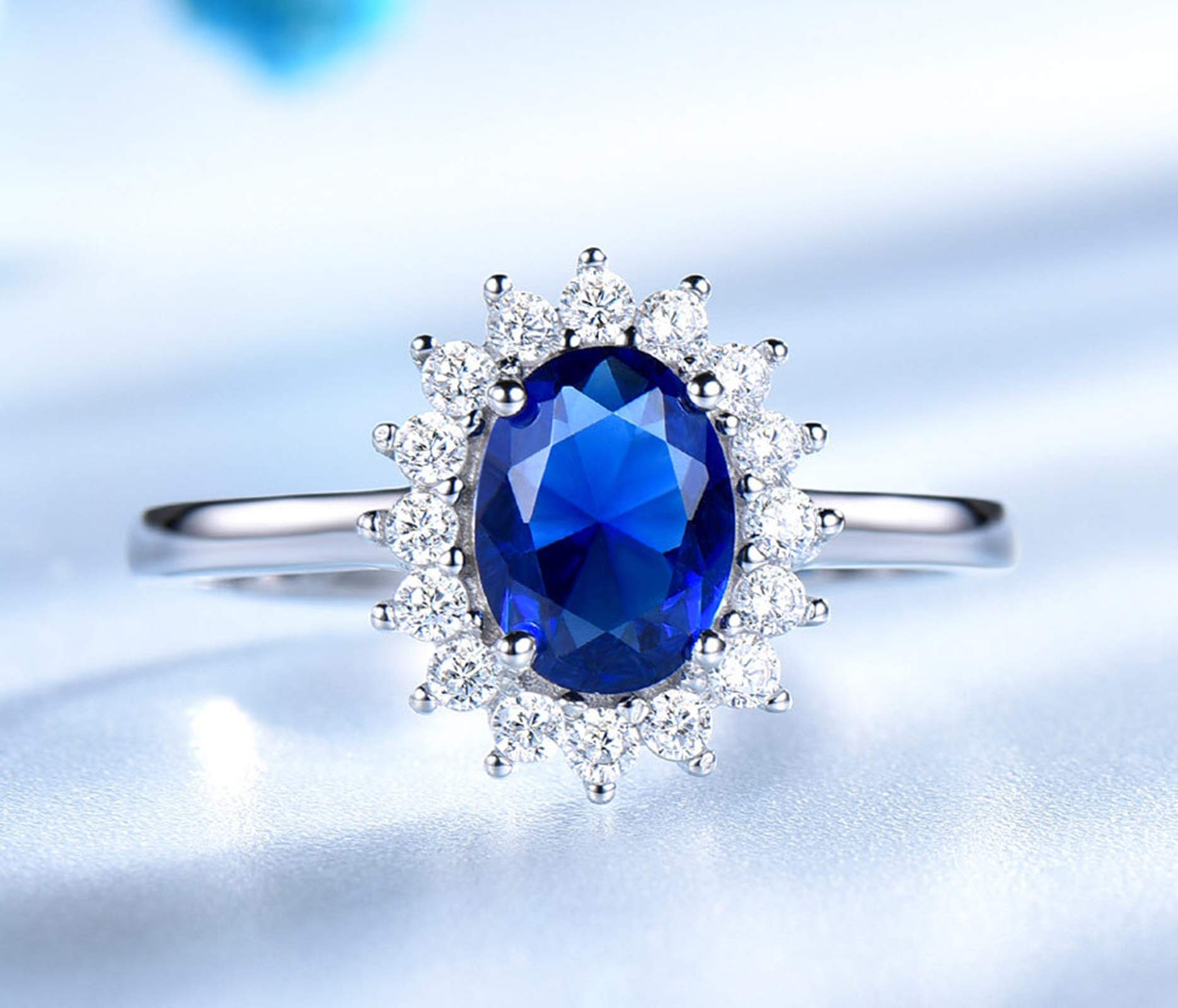 KnSam Damen Ring, Damen Halskette Echt Silber Sonnenblume Hochzeit Schmuckset Aus 925 Silber Für Damen Frau Mit Erstellt Blauer Saphir Blau
