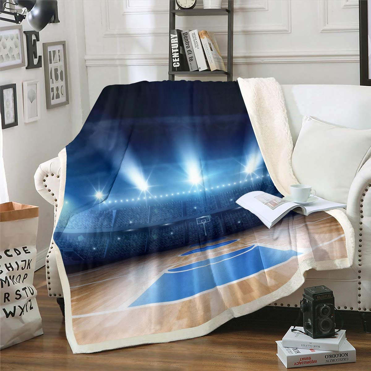 Loussiesd 3D Basketball Court Sherpa Blanket Sports Basketball Fleece Throw Blanket for Boys Teens Men Basketball Game Plush Blanket Ball Pattern Fuzzy Blanket for Sofa Bed Couch Baby 30x40 Inch — image 1