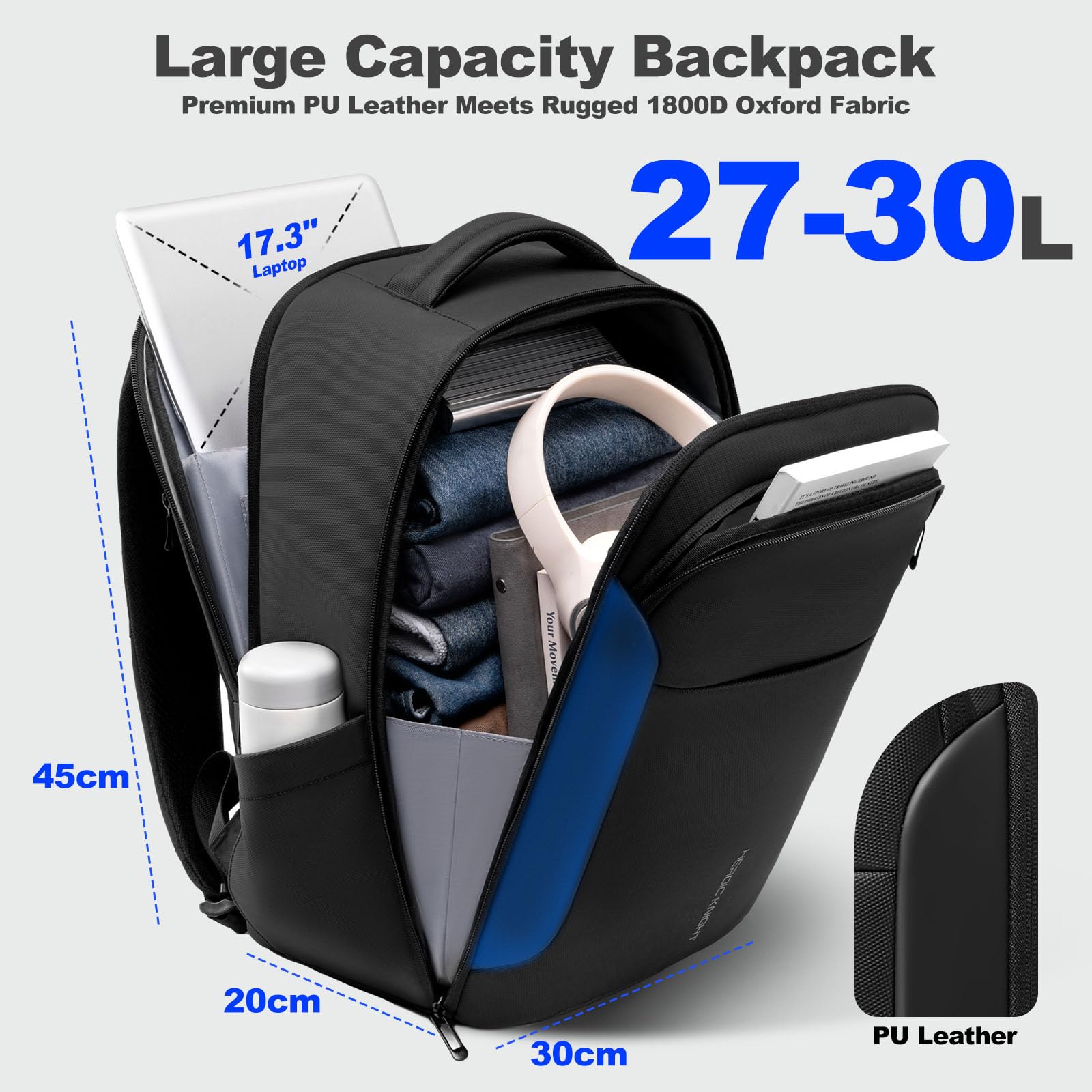30L Zaino Viaggio Cabina Aereo 40x30x20 per 17.3''Laptop | Zaino Business Uomo con USB A&C, Zaino Porta PC Computer Impermeabile Antifurto per Lavoro Ufficio Università, Nero