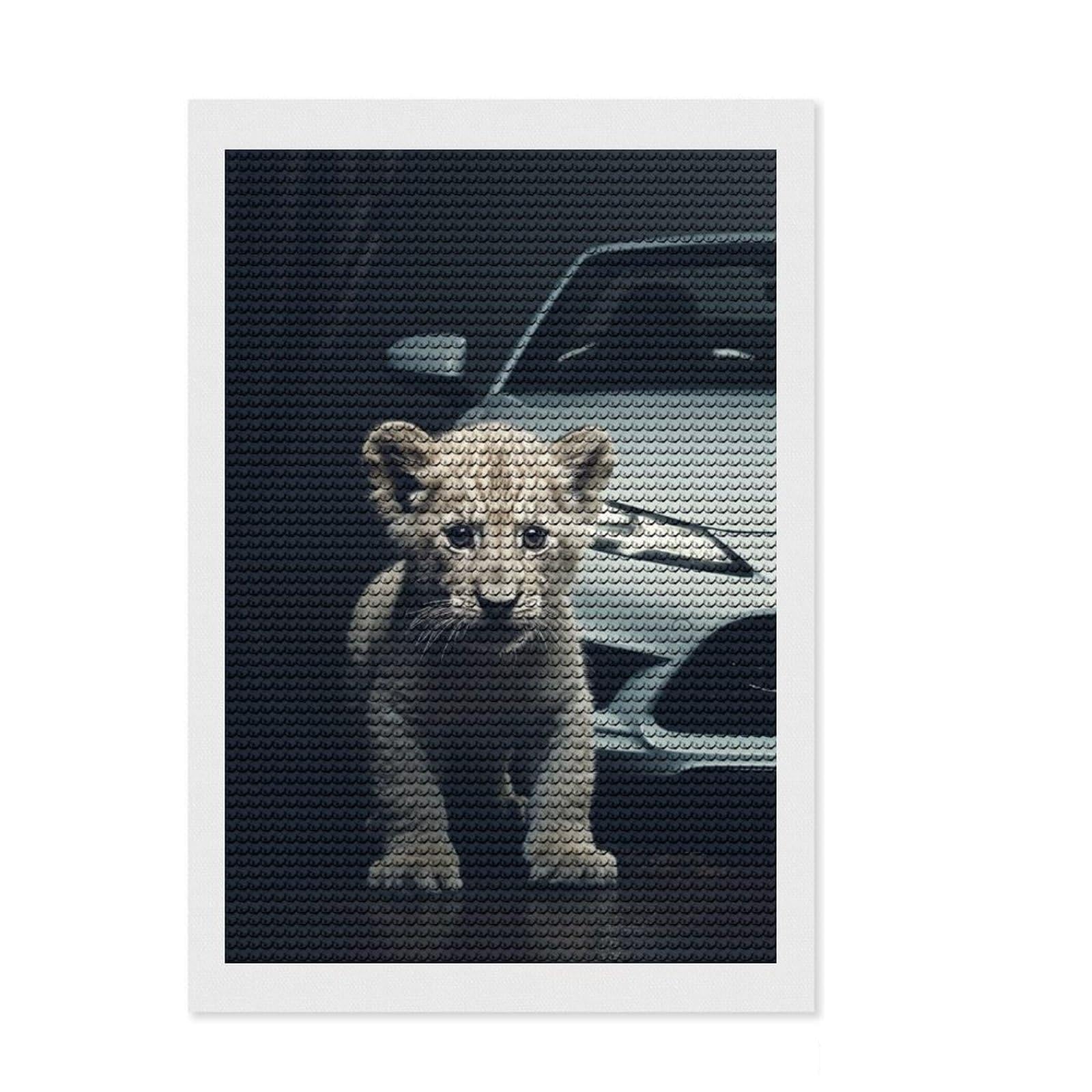 Junmoney Lion Cub and White Car Diamond Art Canvas 8"x12", for Family Craft Time, Neat Printed Canvas, Festive Craft Gift, Boho Decor