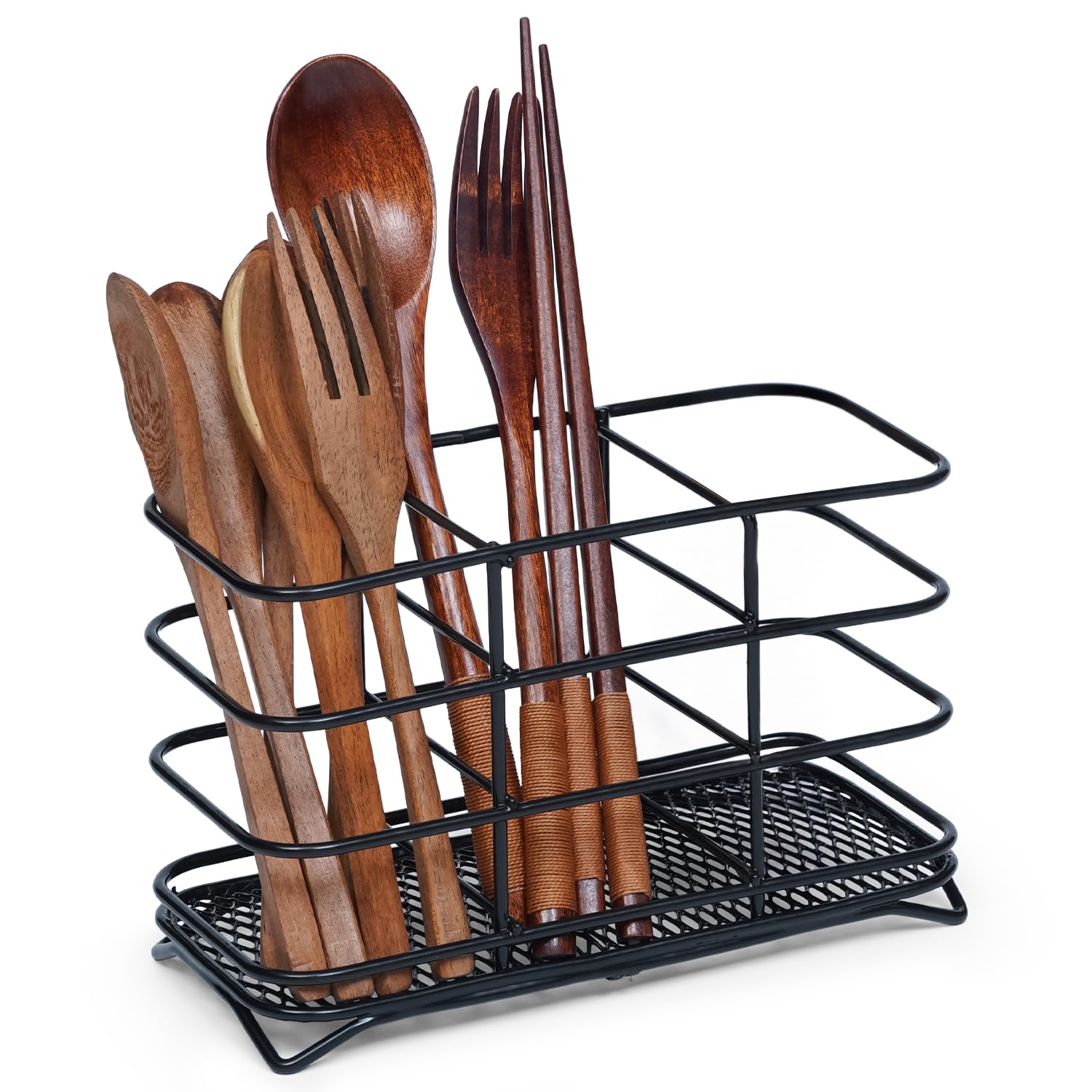 Besto Black Cutlery Drainer For Kitchen Utensil | Coated Steel Utensil Holder | Steel Mesh Basket Cutlery Rack For Kitchen Forks Knives, & Spoons