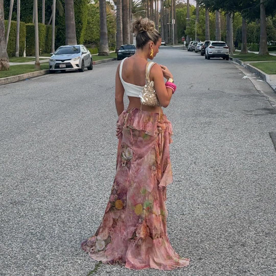 THLAI Womens Maxi Floral Skirt Ruffled Long Skirts Spring Summer Vacation Skirt - Image 3