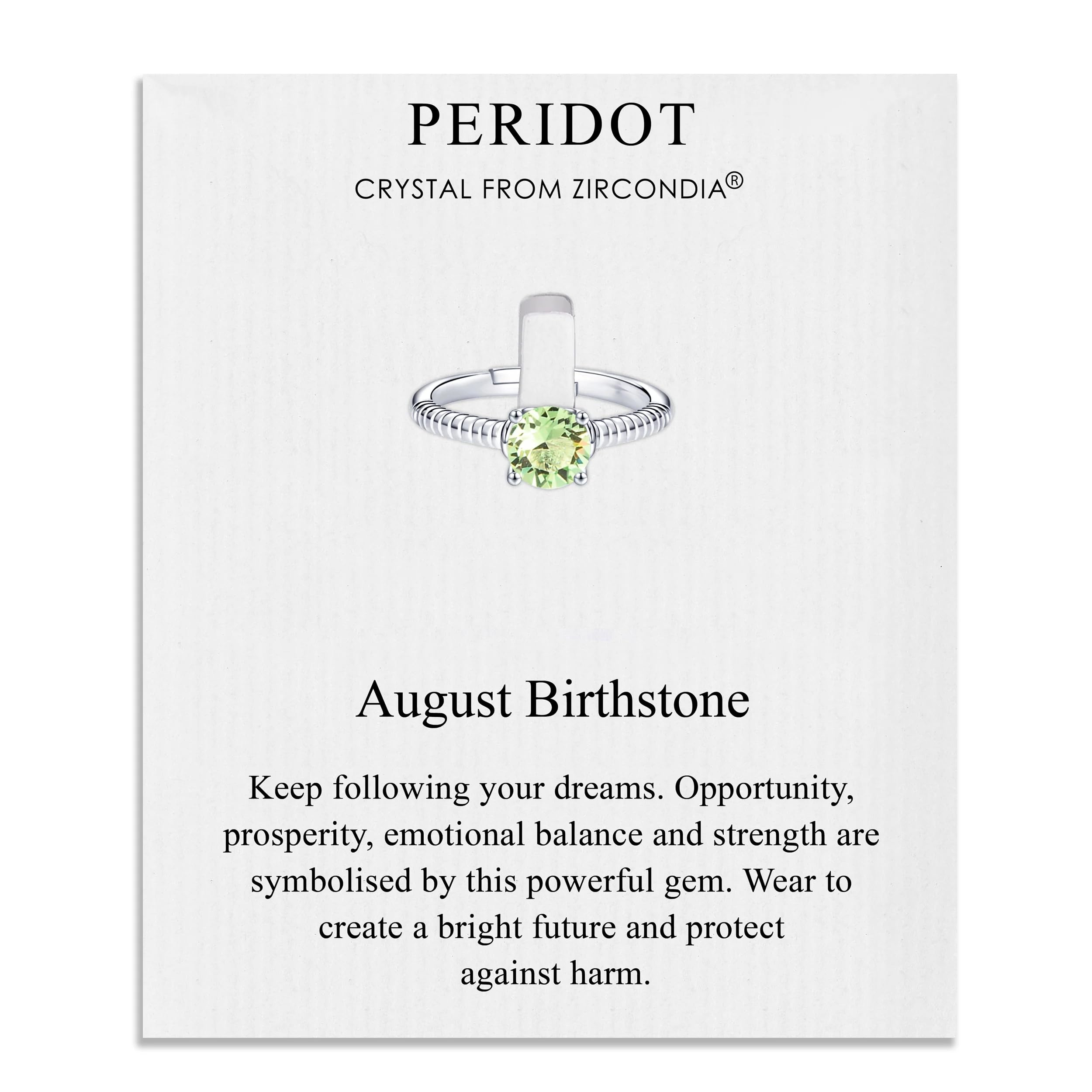 August (Peridot) Adjustable Birthstone Ring Created with Zircondia® Crystals