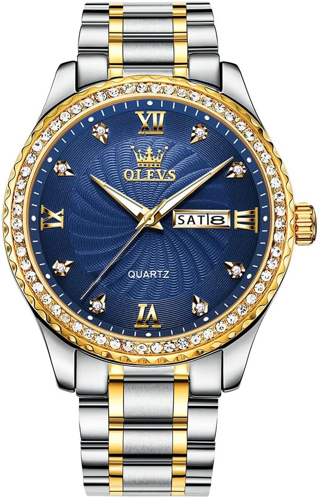 Men's Casual Stainless Steel Watch, Big Face Easy to Read Analog Quartz Watch with Day and Date, Classic Waterproof Diamond Roman Arabic Numerals Dial Dress Watch for Men, Gold Silver Black Band