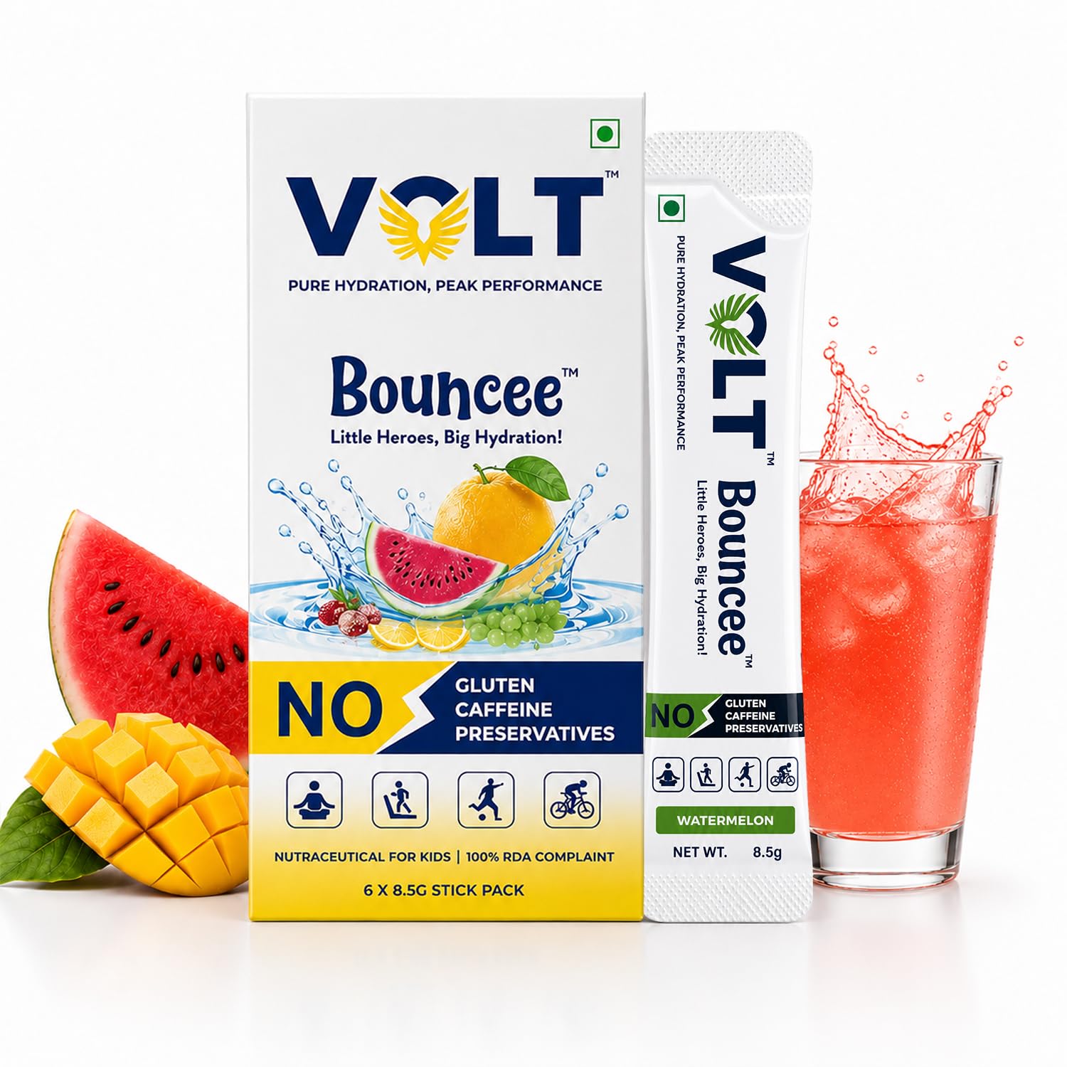 [BRSRGC35AEGRQ3DU] Volt Bouncee Kids Electrolyte Drink Mix | Kids Electrolyte Powder with Vitamins | Supports Hydration & Recovery | No Added Sweetener, No Preservatives | Kid‑Friendly Fruit Flavours | 8.5 g x 6 Sachets