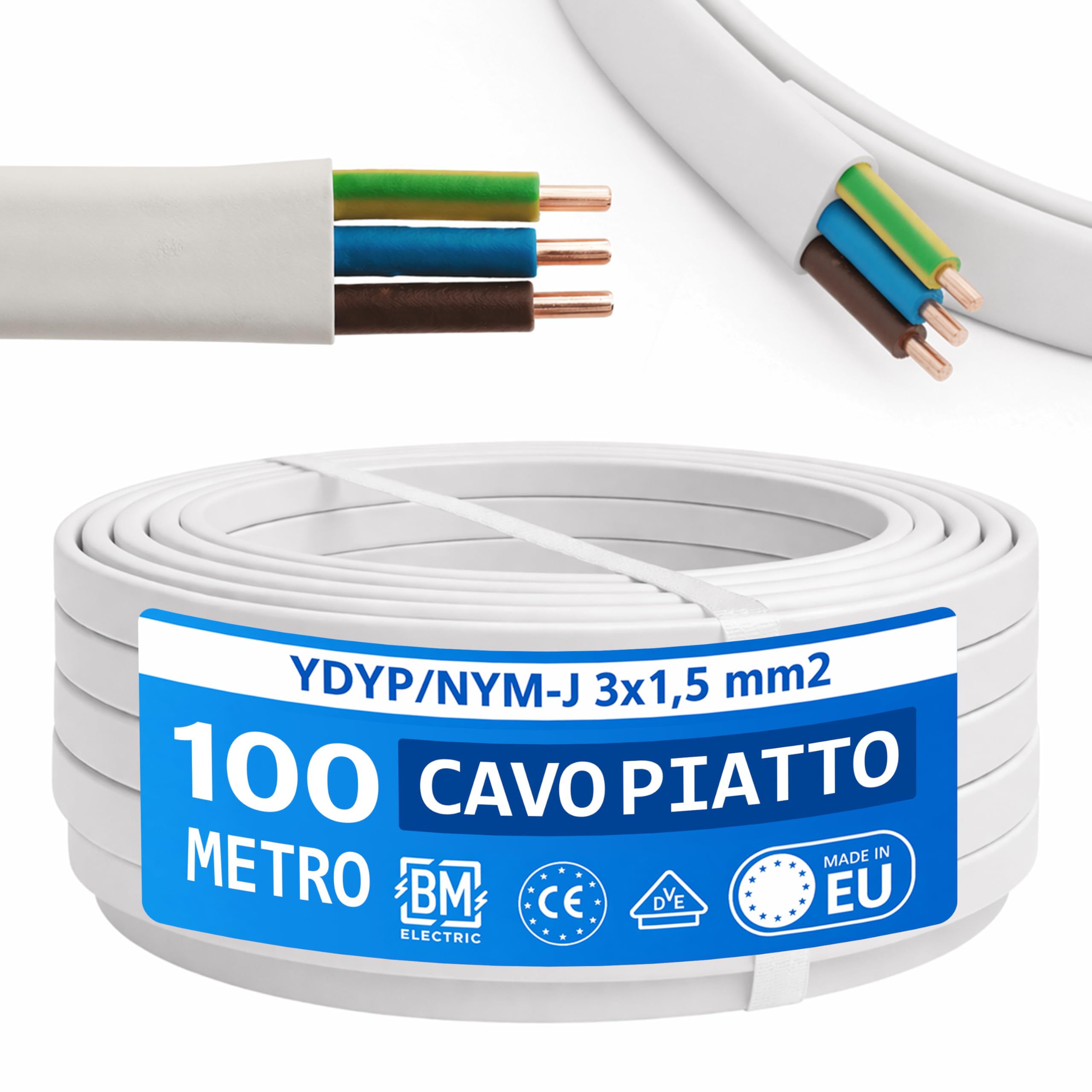 NYM Cavo 3 x 1,5 mm² YDYp - Cavo di alimentazione a 3 poli, cavo piatto 100 m, 10 × 5 mm, passacavo per finestre, cavo per ambienti umidi, conduttore in rame massiccio, 300/500 V