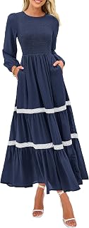 KIRUNDO Womens Smocked Long Sleeve Maxi Dress Wedding Guest Spring Fall Boho Tiered Lace Trim Flowy Long Dresses Pockets