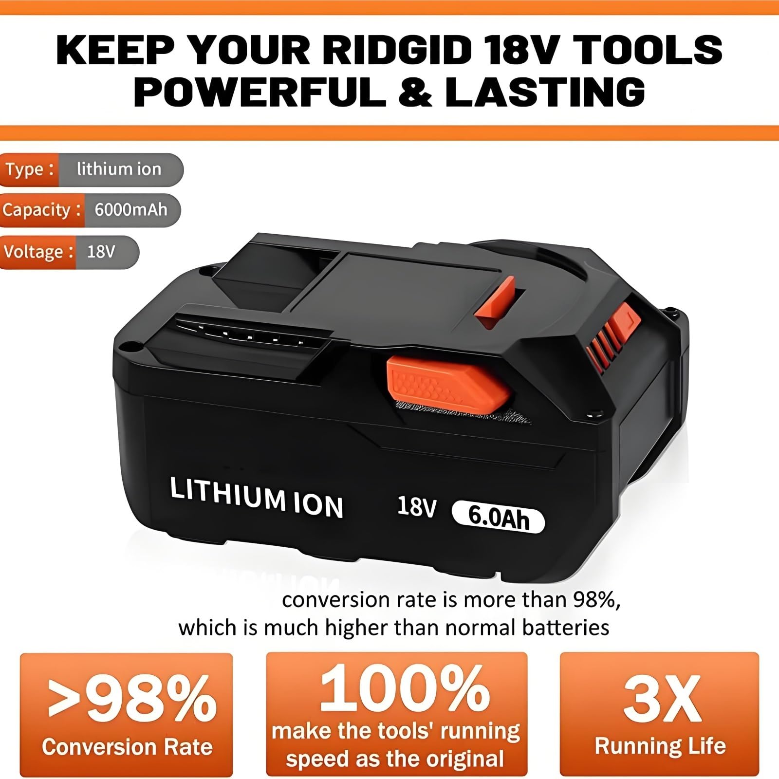 Batterie Li-Ion 18V 6000mAh, Compatible Avec RIDGID 18V R840083 R840085 R840086 R840087 Série, Compatible Avec AEG 18V Outil Sans Fil(1PC 6000mAh)