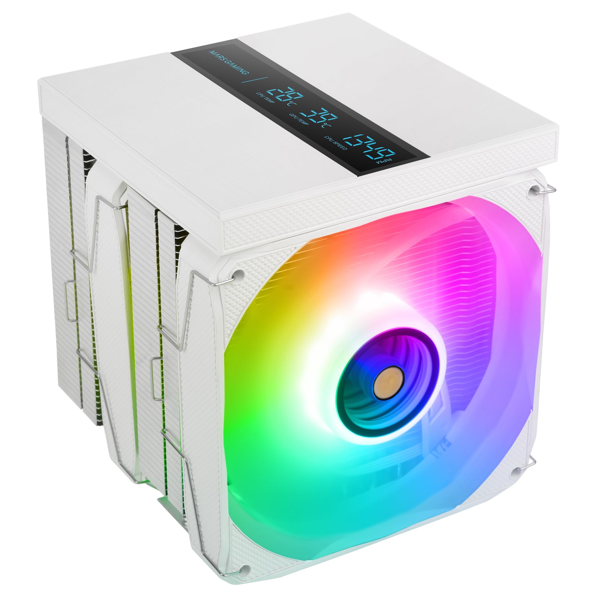 Mars Gaming MCPU-LCDPRO, CPU-Doppelturm-Kühler 380W TDP, 8x HCT-Heatpipes, 2x 120mm PWM FDB-Lüfter, XL-LCD-Bildschirm, ARGB Infinity Mirror-Beleuchtung, Kompatibilität Intel und AMD, Weiß