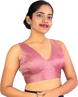Women's Dupion Raw Silk Sleeveless V Neck Sabyasachi Cut Readymade Saree Blouse Padded Stitched