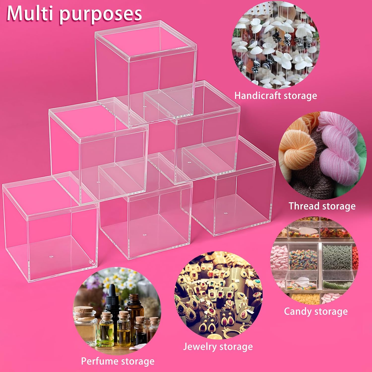 12 PCS Acrylic Square Cube Small Clear Plastic Display Boxes with Lids, 6Pcs 4 x 4 x 4 Inches, 6Pcs 3 x 3 x 3 Inches Clear Acrylic Storage Square Cube Boxes for Candy Jewelry Tiny Items