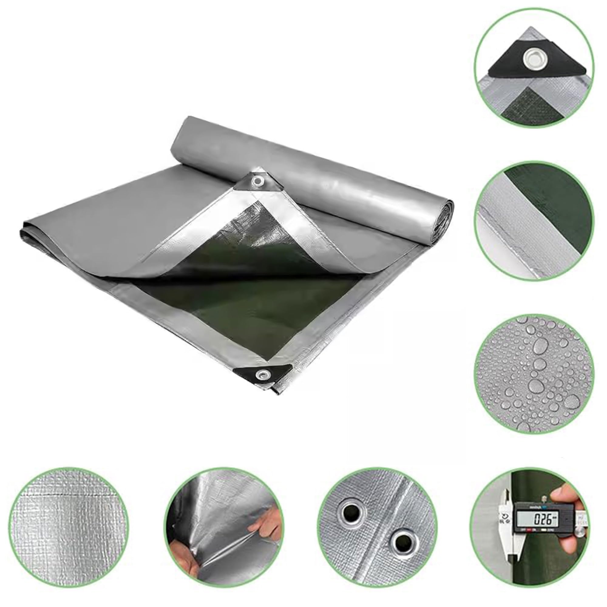 Bâche imperméable 200g/m² PE 7x7m et résistante en polyéthylène pour extérieur,résistante au Gel et aux UV,pour Jardin,tonnelle,Camping,Meubles,abri de Jardin argenté Vert