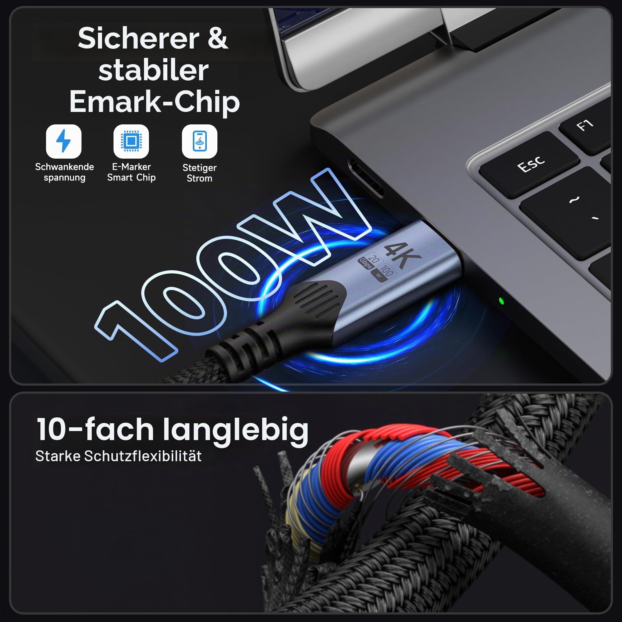 USB C Kabel auf USB C 6M, USB 3.2 Gen2 Typ C ladekabel, 20 Gbps Datenübertragung, 100W 20V/5A Schnellladekabel,4K @ 60Hz Videoübertragung Kompatibel für thunderbolt 4/3
