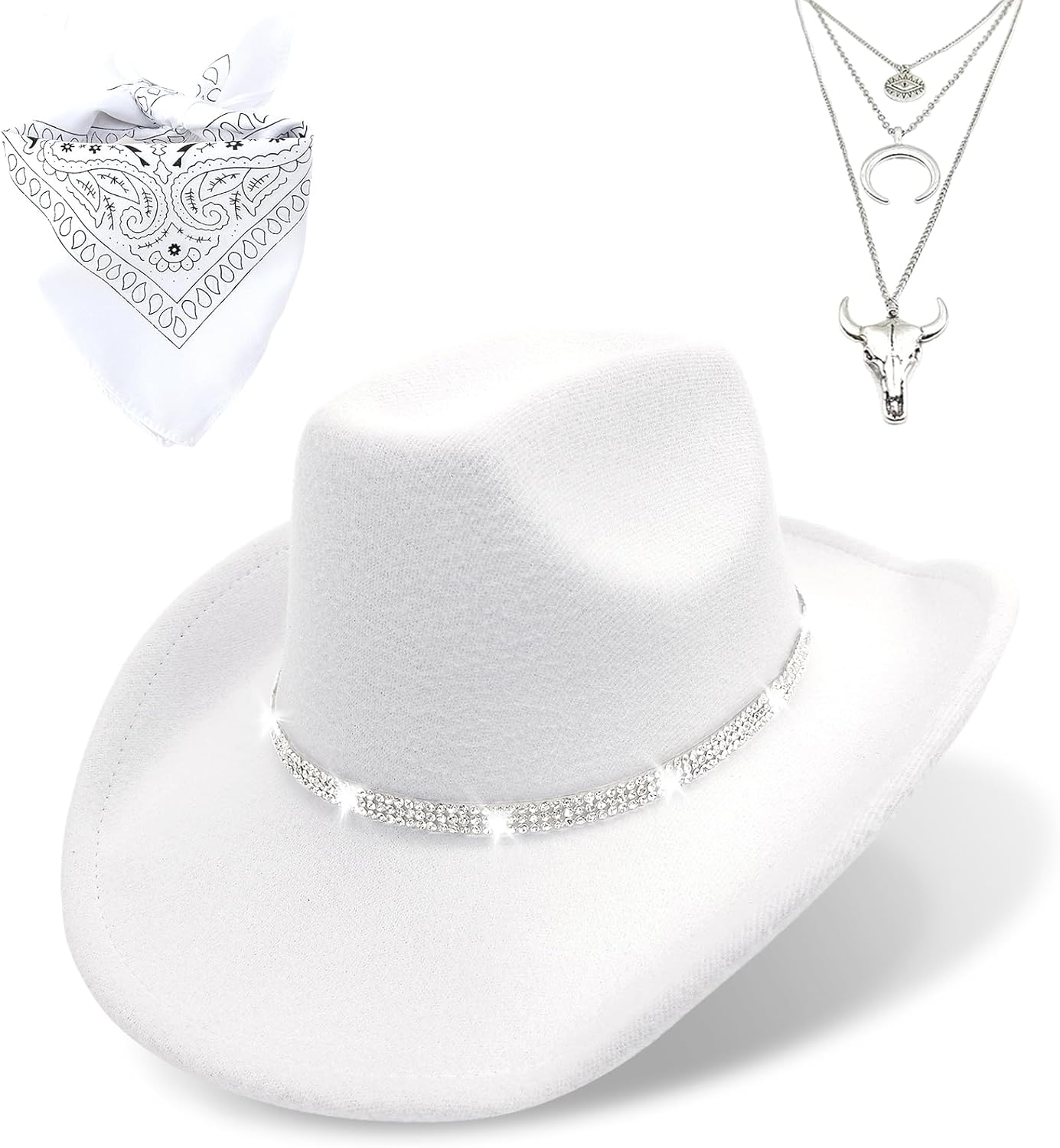 Western Black Cowboy Hats for Women Men, Fedora Wide Brim Rhinestone Cowgirl Hat with Bandana and Evil Eye Bull Head Necklace