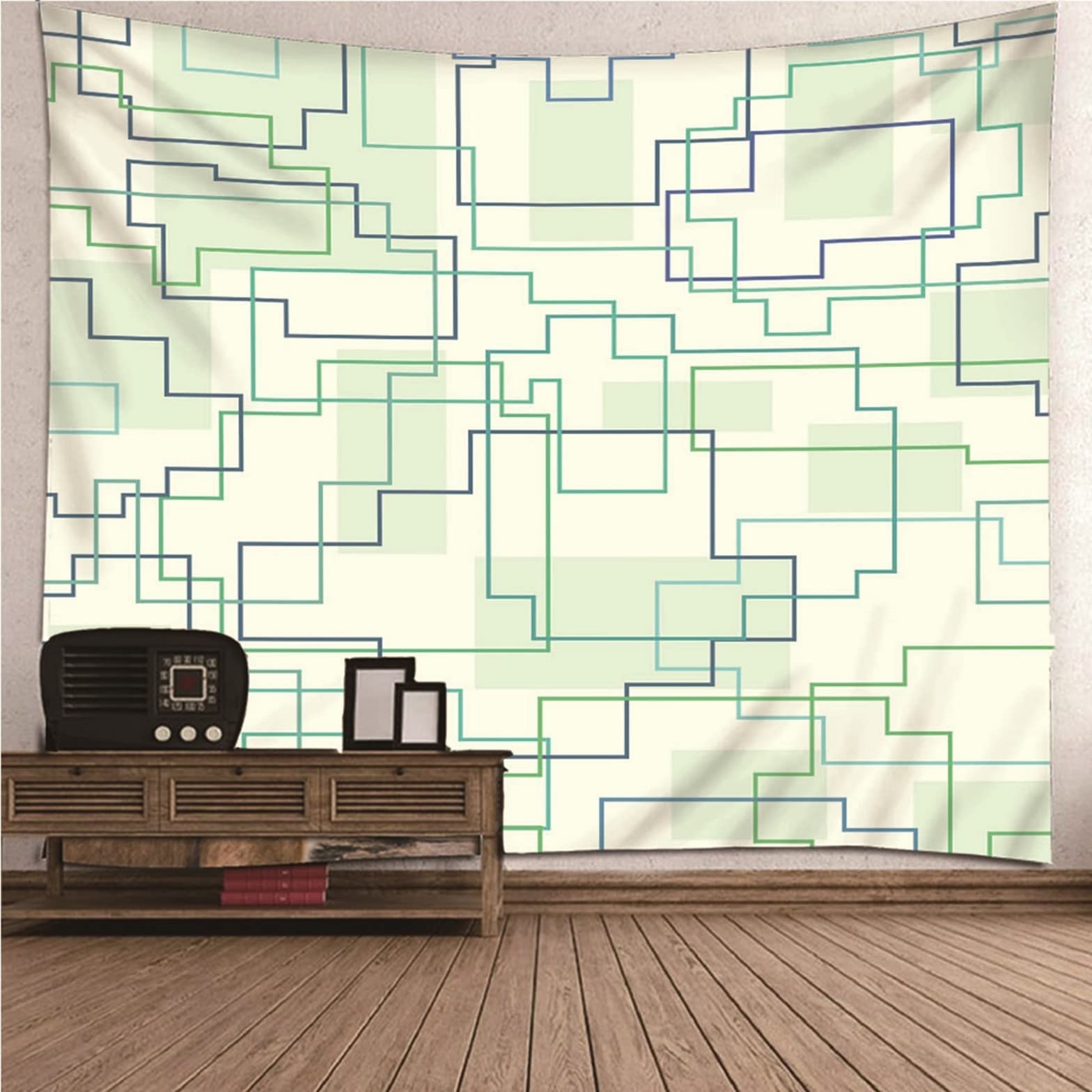 Ethereval Tapestries Trippy Tapestry Bedroom Aesthetic Minimalist Theme Tetris Pattern For Doorway Hippie Green Beige Wall Hangings Fabric Decorations 200x200cm