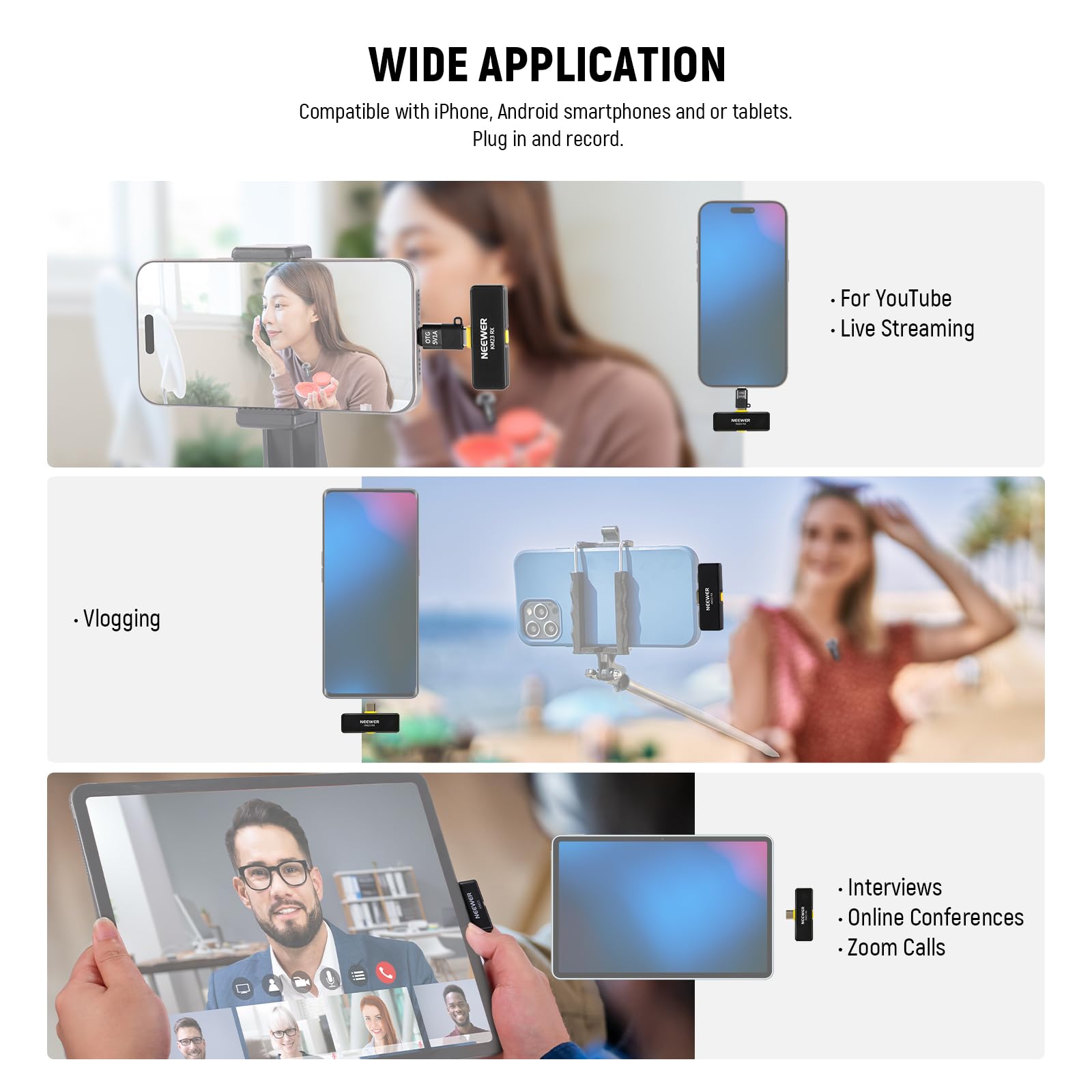 NEEWER Kabelloses Lavalier Mikrofon Set für USB C, omnidirektionales Kondensatormikrofon, kompatibel mit iPhone 15 Samsung Android Handys, Mini Ansteckmikrofon mit Geräuschunterdrückung für Vlog, KM23