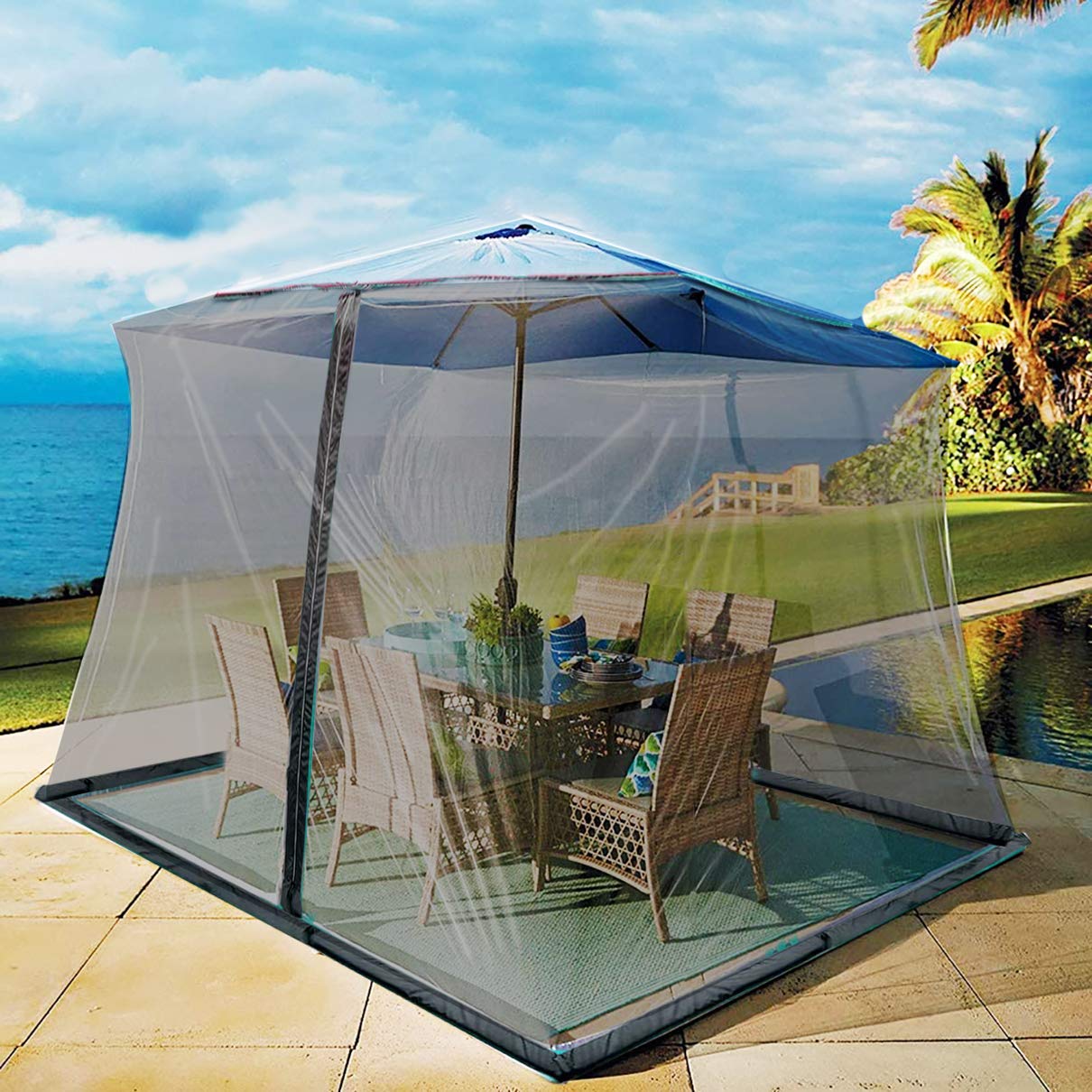 SOOSPE-MZ 10ft Patio Mosquito Netting Patio Umbrella Cover Mosquito Netting Screen,Windproof Anti-Mosquito with Zipper Portable Foldable Umbrella Mosquito Net（10'10'7.5'） (Black)