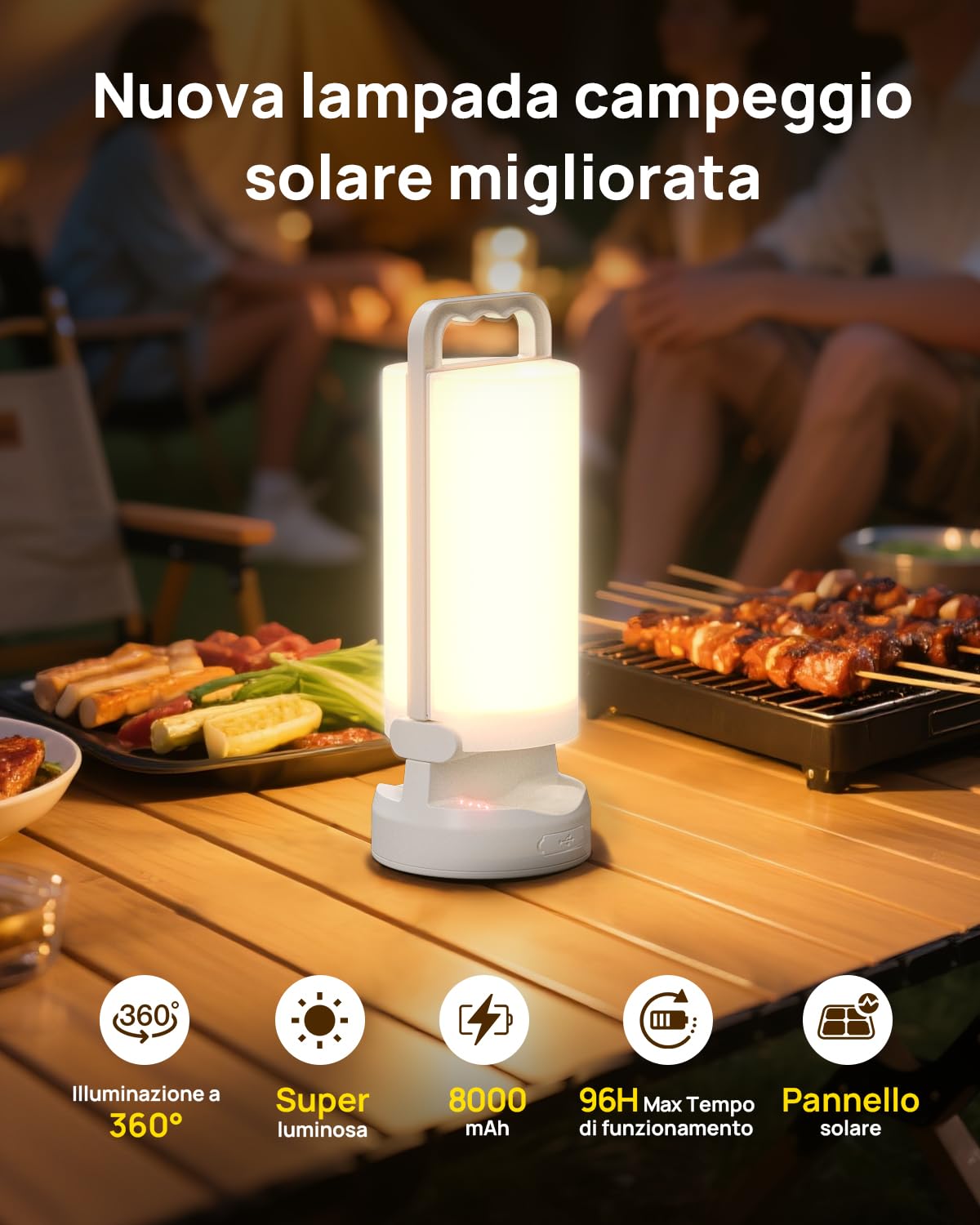 Eventek Lampada Campeggio Solare 8000mAh, Ultra Luminosa Pieghevole Luce Campeggio con 3 Modalità e Controllo Touch, IPX5 Lampada Ricaricabile per Blackout, Campeggio, Escursionismo, Emergenze