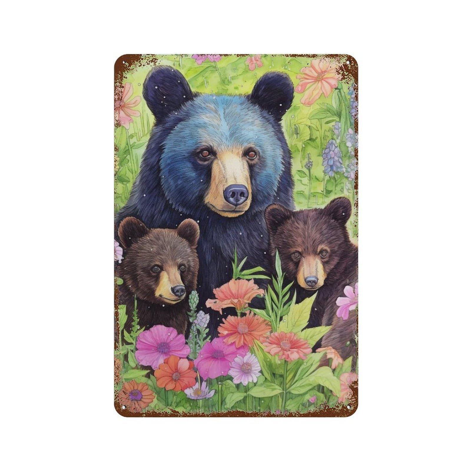 Rustic Tin Plaque with Bear Family Garden Scene Design 11.8"x7.9", for Cafe, Home Bar And Lounge Decor, Industrial Home Decor