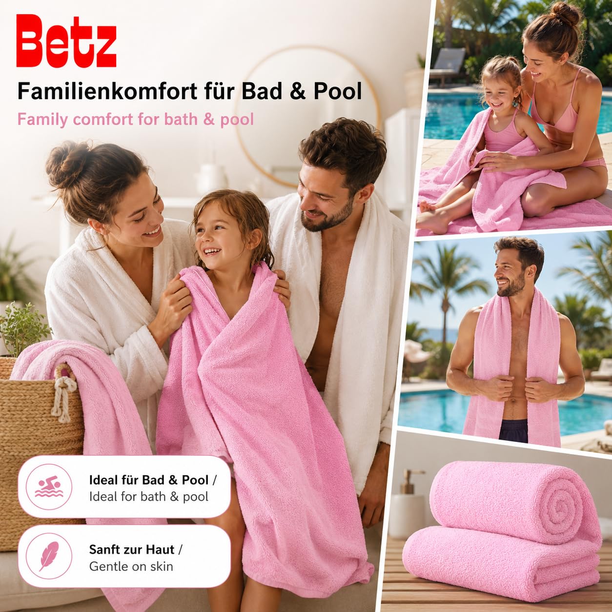 Betz Badetuch XXL 100x200 cm 100% Baumwolle – Weiches Frottee Saunatuch & Strandtuch – Pflegeleicht & saugstark – Palermo Serie – Farbe Rosé Küche, Haushalt & Wohnen