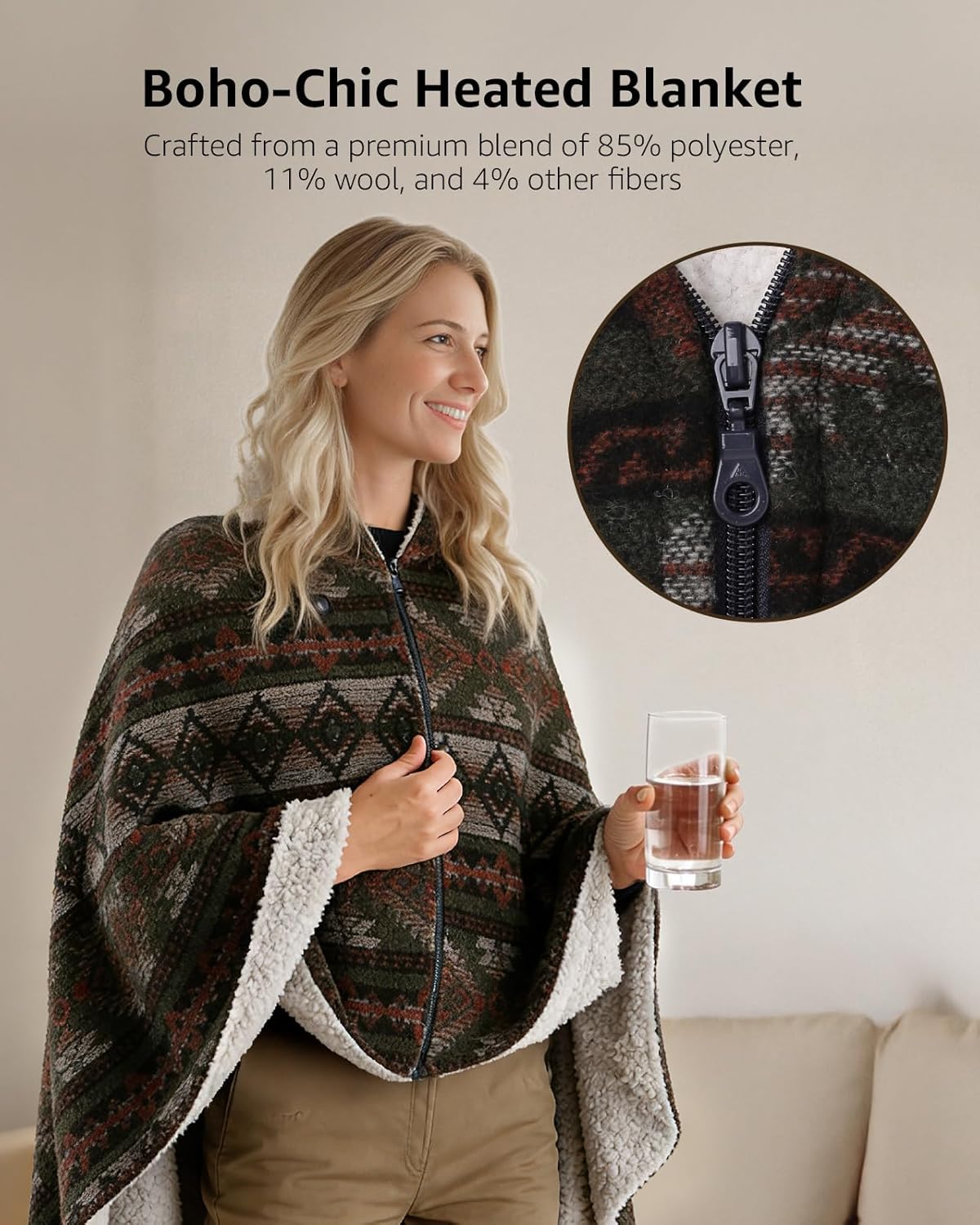 Heated Wearable Blanket, Faux Cashmere Electric Throw with 3 Heating Levels, USB Powered, Southwestern Pattern, 40x65 Inches (Green(Thick)) - Image 2