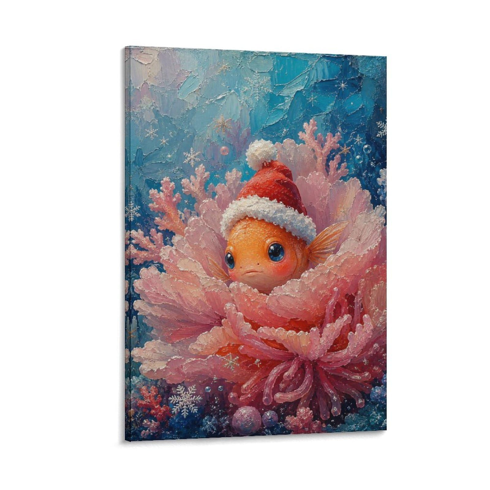 H3B8U2Y5 Clownfish Santa Hat Anemone Canvas Wall Art, Colorful Marine Decor
