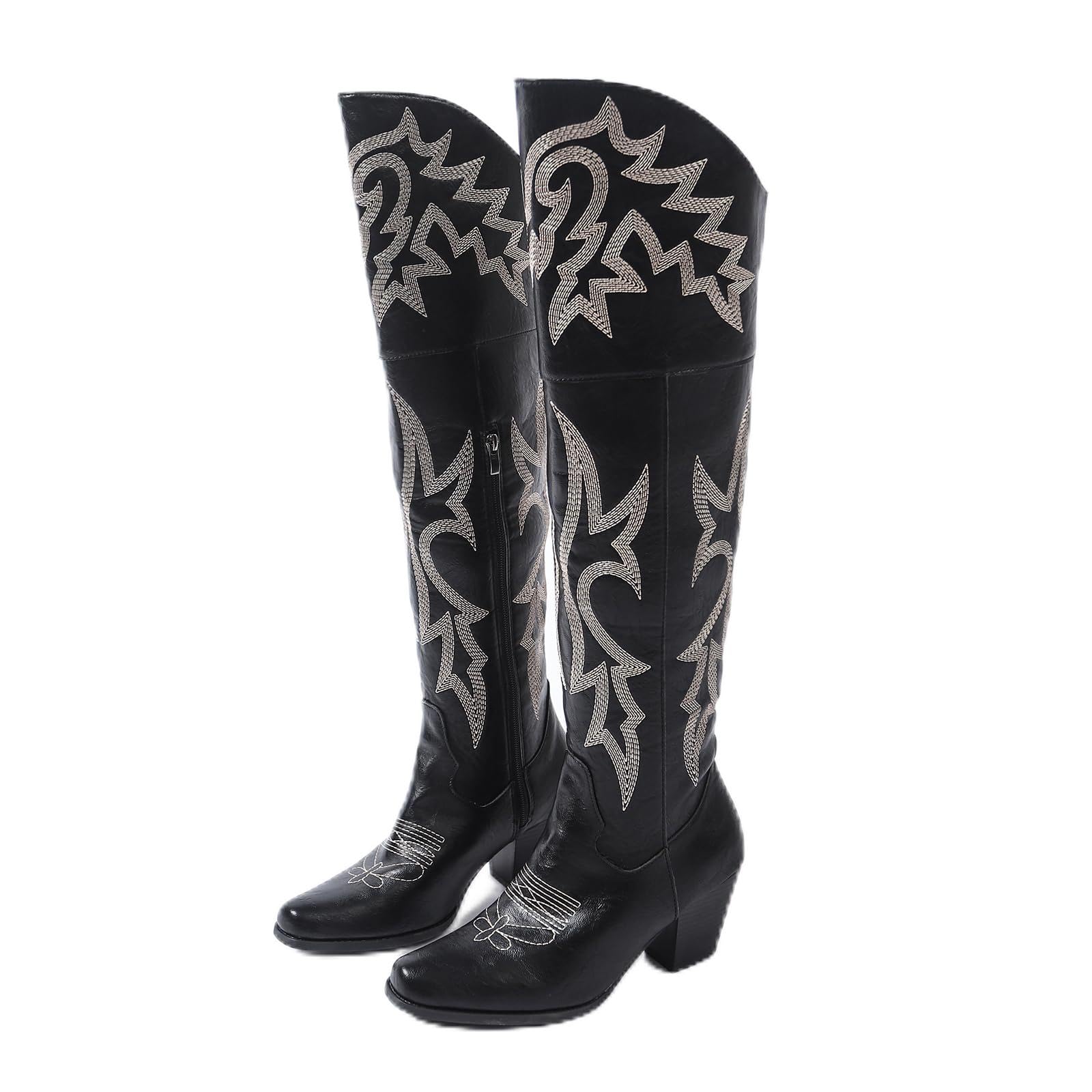 Womens Over-the-Knee Western Cowboy Boots Square Toe PU Leather Embroidered Boots with Zipper Chunky Heel Lined Riding Boots