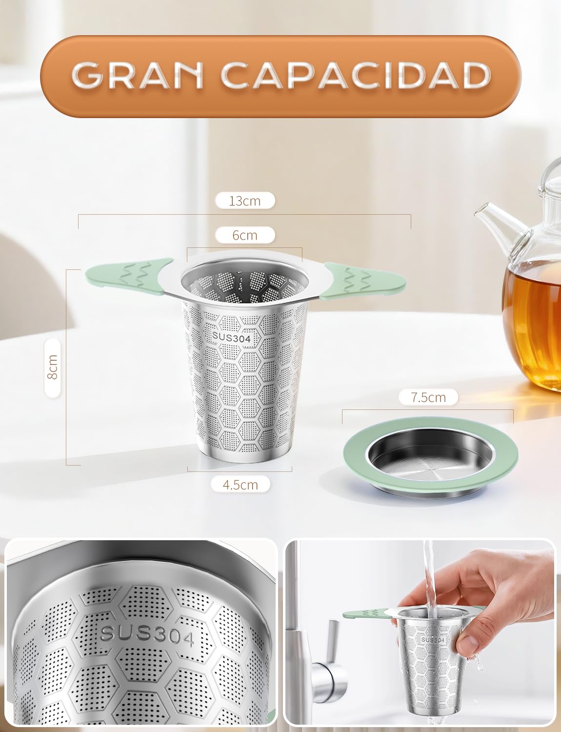 Yomanta Infusor de Te 2 Piezas - infusionador de Acero Inoxidable 304, filtro te con asa y tapa de silicona, Malla fina de 0,4 mm, colador te para tazas y teteras - verde