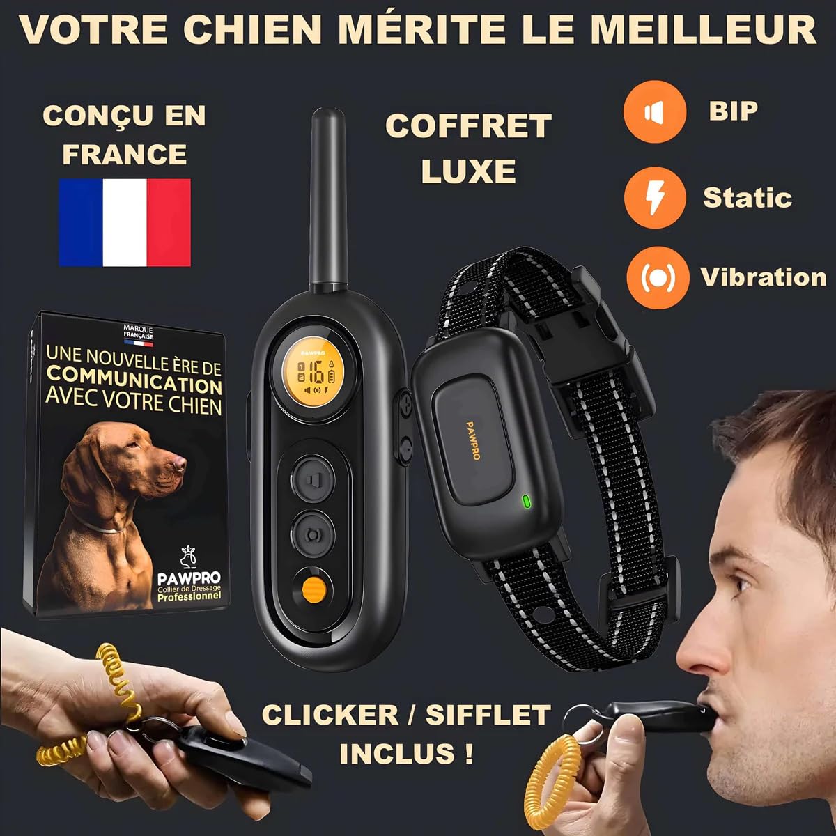 PAWPRO Collier de Dressage Chien 1000m Étanche Rechargeable 3 Modes BIP Vibration Choc