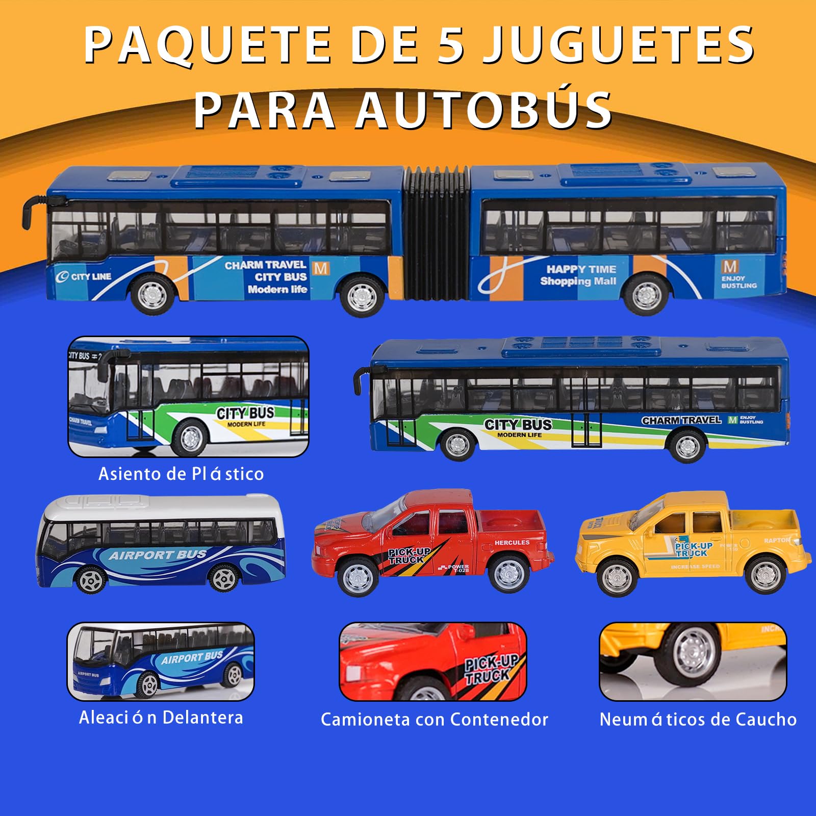 VBACALA Juego de 5 Autobuses de Juguete con Función Pull Back,Incluye Autobús Urbano, Aeropuerto, Articulado y 2 Camionetas,Juguetes para Niños +3 Años, Regalo Ideal para Navidad y Cumpleaños