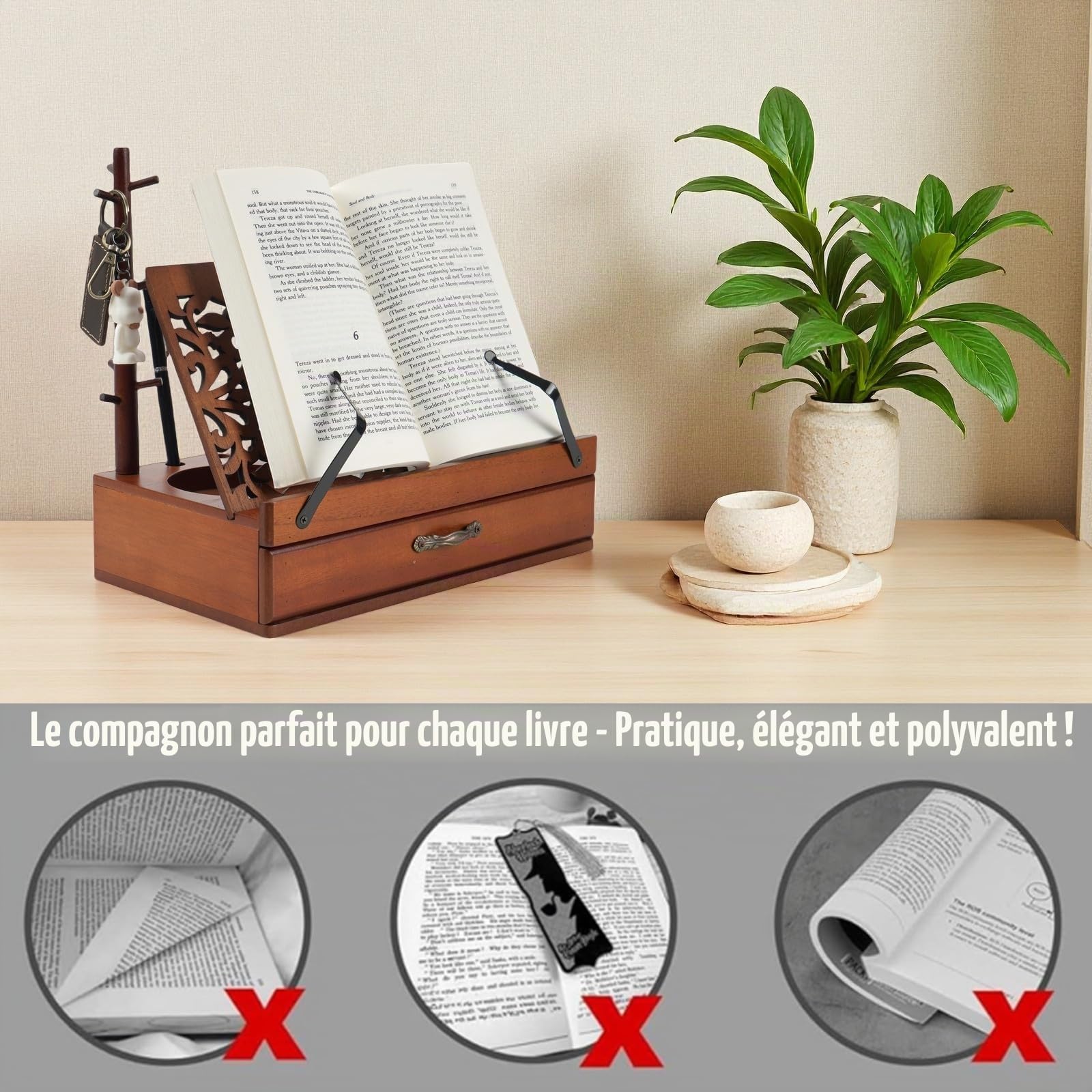 Support de Lecture en Bois avec Tiroir, Porte-stylo et Porte-tasse, Support de Livre Triangulaire pour Bureau et Table de Chevet
