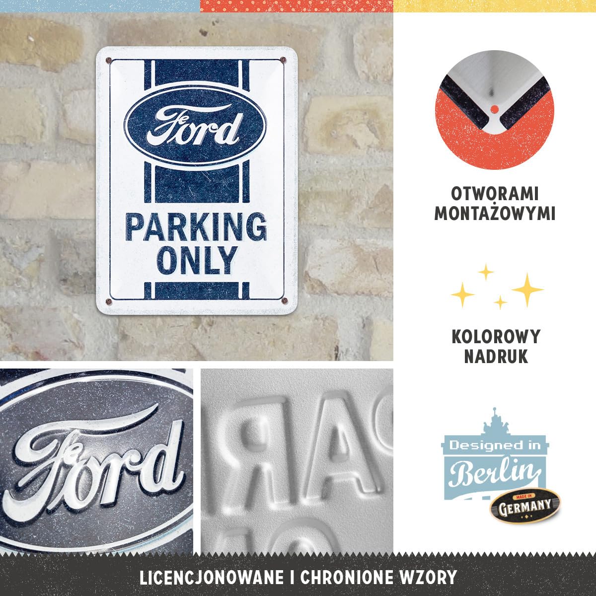 Nostalgic-Art Retro tabliczka z blachy, 15 x 20 cm, Ford – Parking Only – Pomysł na prezent dla miłośników Forda, Official License Product (OLP), z metalu, Styl vintage