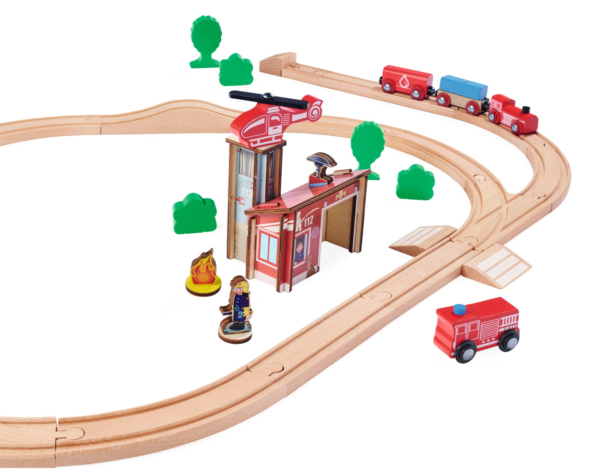 Eichhorn Schienenbahn 100006205 Feuerwehr-Set, 33 teilig, 295 cm Streckenlänge, FSC zertifiziertes Buchenholz, verbaubar mit Anderen Schienenbahnsystemen