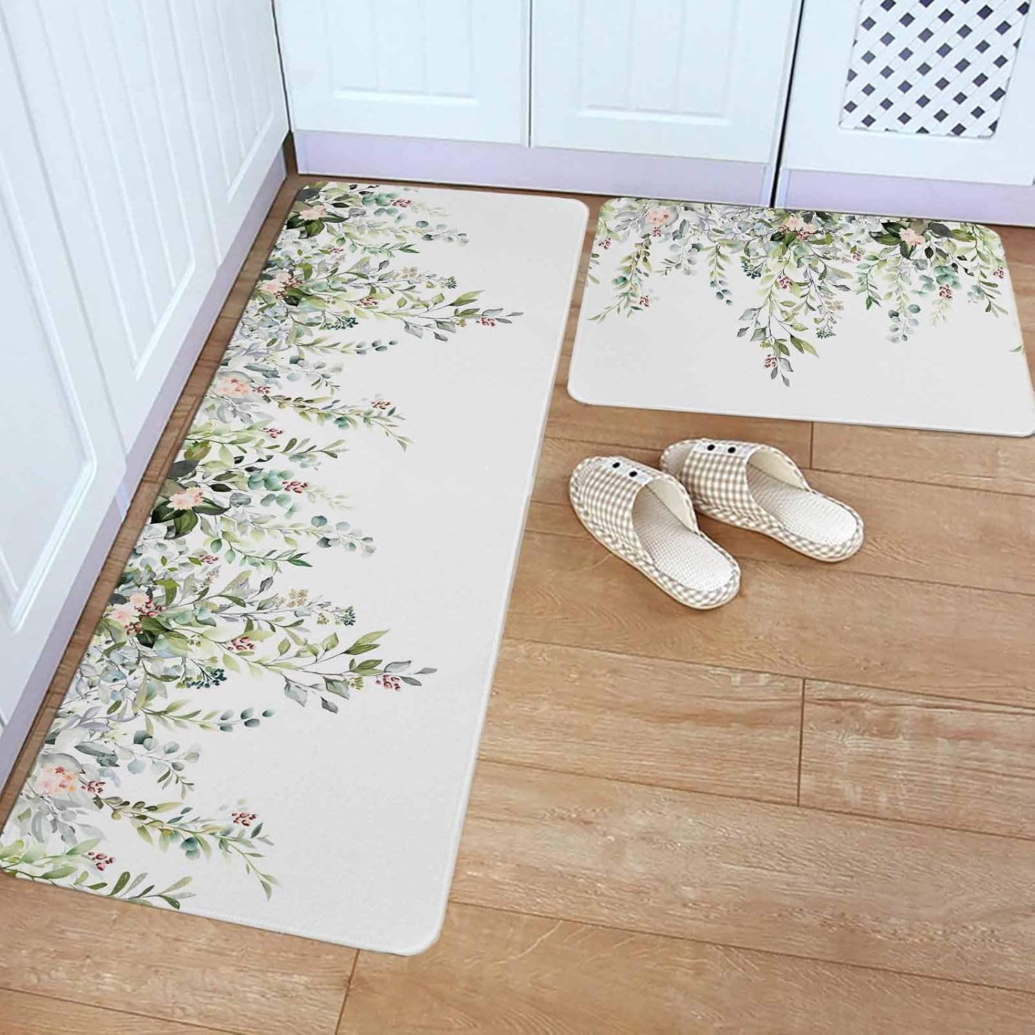 Sage Green Eucalyptus Kitchen Rugs and Mats Set of 2, Non-Slip Kitchen Sink Mat, Pink Floral Buds Summer Pastoral Washable Doormat Bathroom Rugs Runner for Bedroom/Living Room 17.7"x30"+17.7"x59"