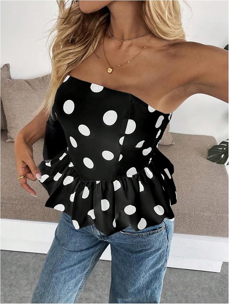 Milumia Women's Polka Dots Peplum Tube Top Strapless Puffy Bubble