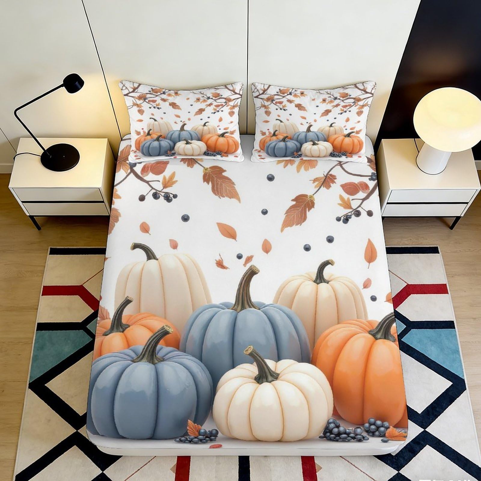 3D Printed Pumpkin Pattern Fitted Sheet Microfiber Deep Pocket Non-Slip Bedding Autumn Pumpkin Mattress Fitted Cover for Bedroom 140x200x25cm