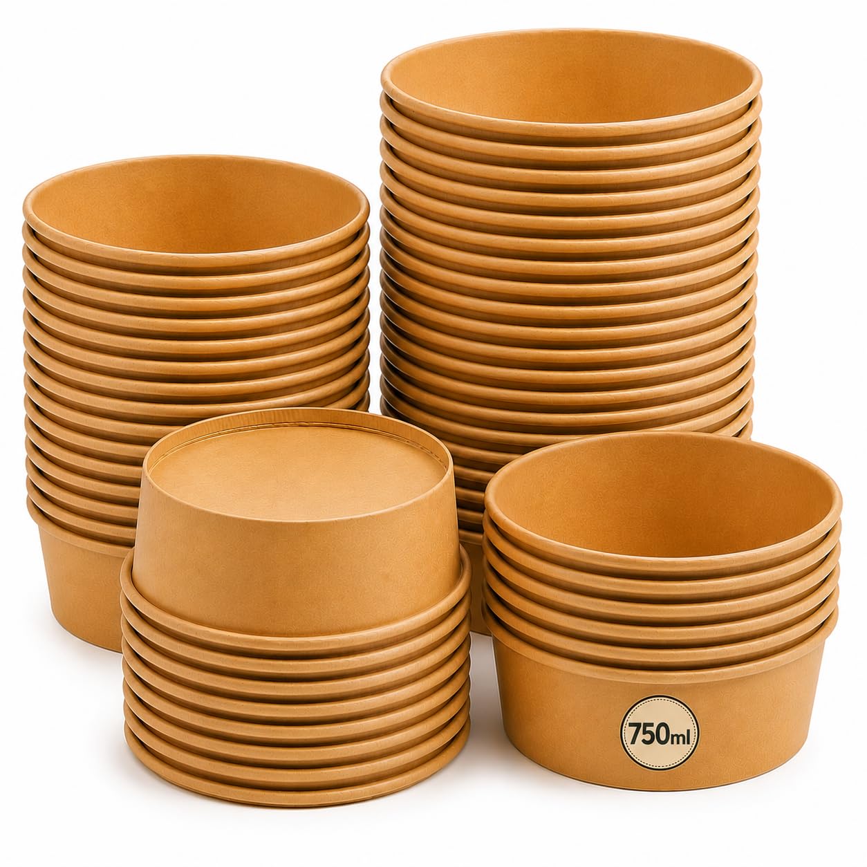 Pack of 500 Kraft Paper Salad Bowls Without Lids, 750ml | Leak-Resistant Eco-Friendly Disposable Takeaway Food Containers for Salad, Pasta, Noodles, Rice, Meal Prep, Hot & Cold Foods