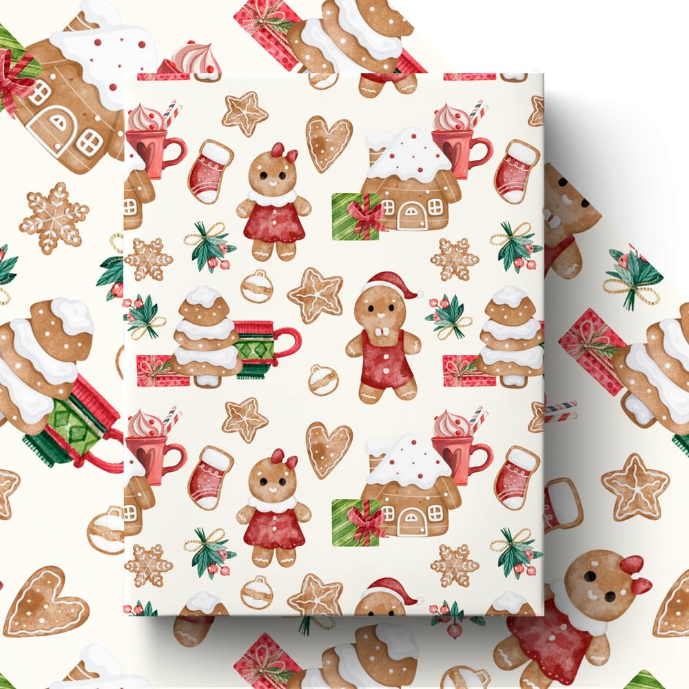 GleeWrap Christmas Wrapping Paper, Gingerbread Man Gift Wrap, 4 Sheets