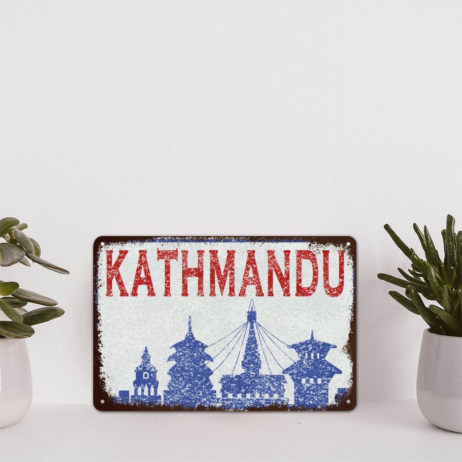 Glplokpj Tin Sign3 Nepal Kathmandu Watercolor Skyline Metal Sign Kathmandu Cityscape Vintage Funny Plaque Poster Farmhouse Decorative For Bedroom Cafe Bar Office Garage