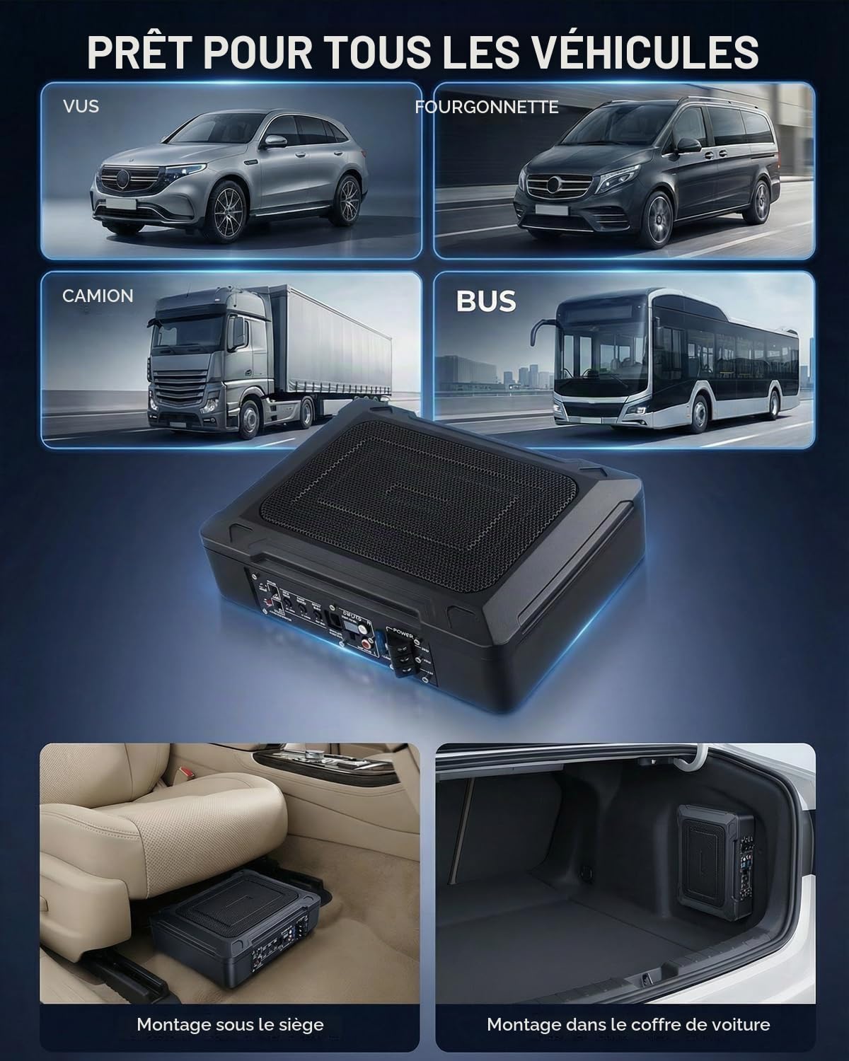 Subwoofer Voiture Ultra-Plat 1000 W Max, Amplificateur Intégré | Boîtier Compact sous Siège, Basses Renforcées et Montage Facile pour Voiture et Camion
