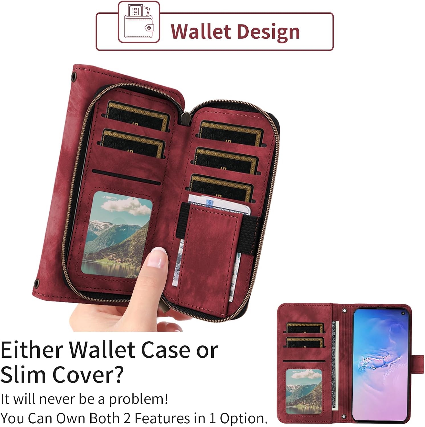 Phone Case for Samsung Galaxy S10 Wallet Cell Cover with Tempered Glass Screen Protector Crossbody Lanyard Strap Flip Stand Zipper Purse Card Holder Slot Mobile S 10 Edge 10S GS10 X10 Women Men Red