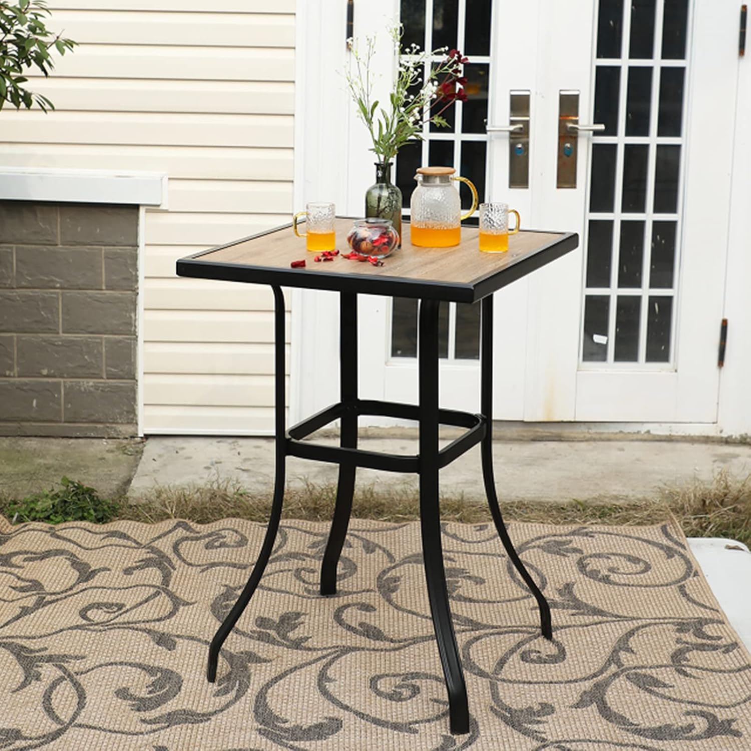 MFSTUDIO 39.3” Patio Bar Height Bar Table, with 27.5” Square PVC Wood Like Table Top for 2, All Weather Resistant Outdoor Table, Black and Brown