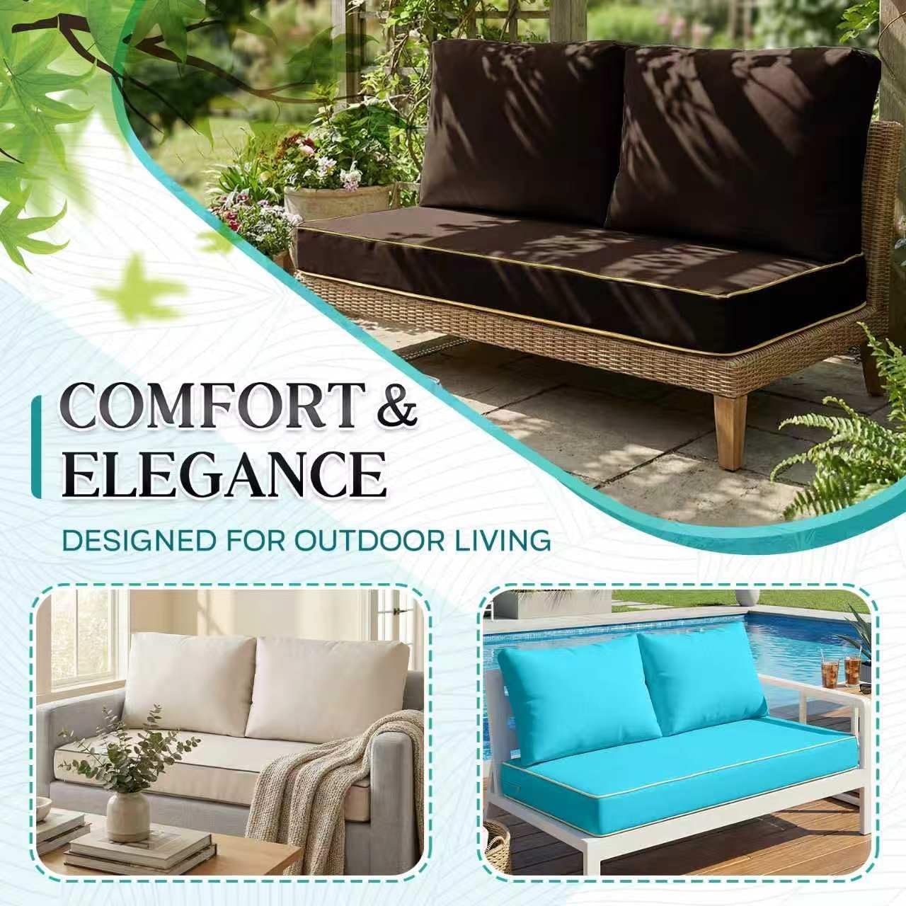 Outdoor Sofa Cushion Set - Plush Patio Seat and Back Pillows, Thick Comfort Foam for Porch, Deck, Garden Furniture Cushion Replacement (Teal Blue)