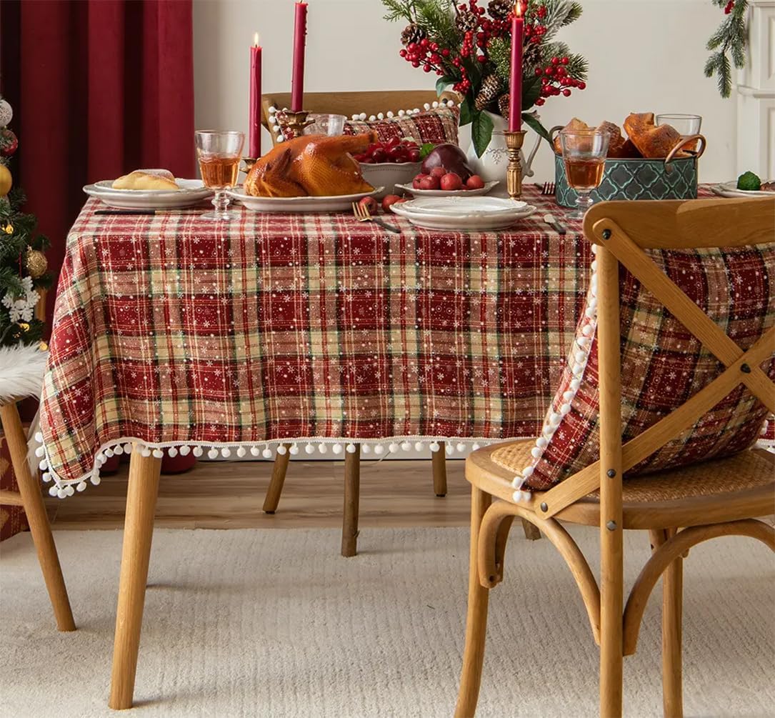 Fennco Styles Classic Plaid Snowflake Holiday Tablecloth 56" W X 56" L - Red Tartan Rectangular Table Cover for Dining Room, Christmas Décor, and Winter Festivals