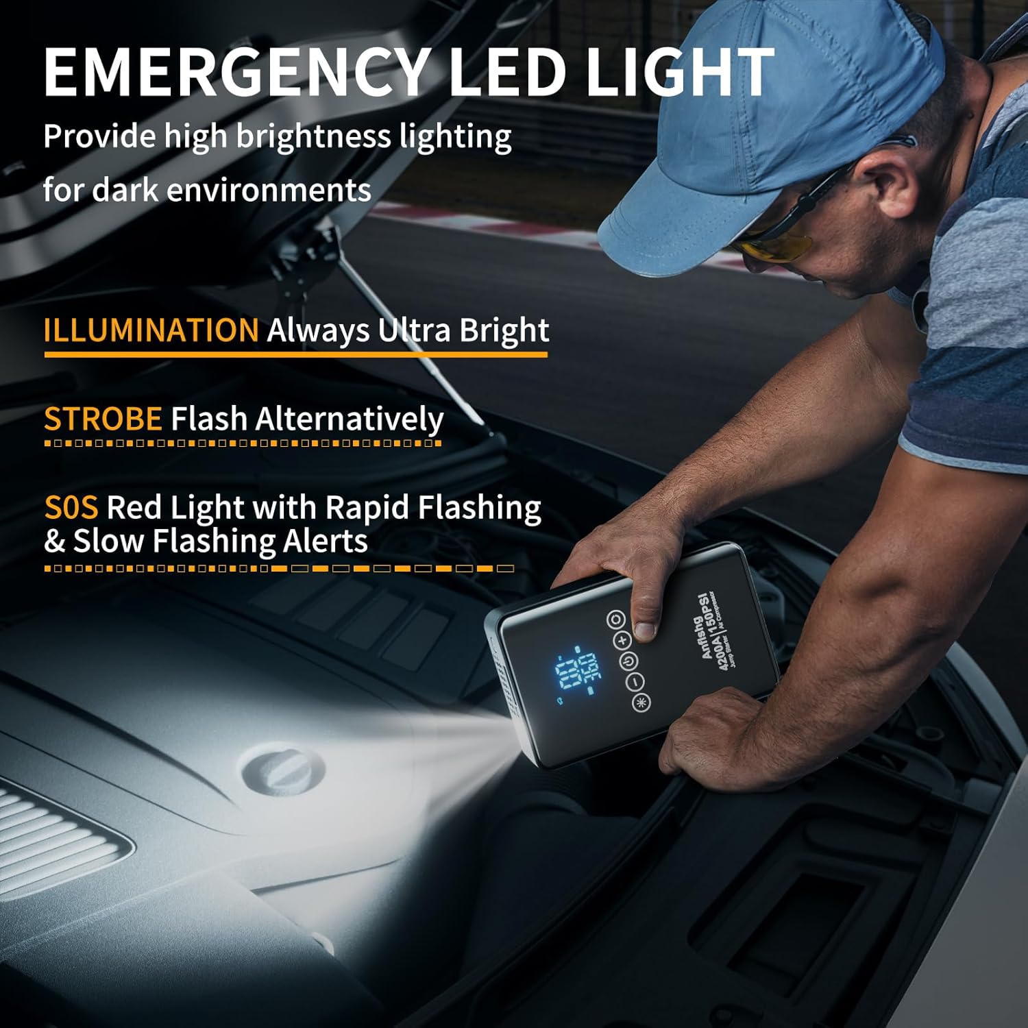 Portable Car Battery Jump Starter with Air Compressor, 4200A 150 PSI Jump Box (All Gas/8L Diesel), 12V Jump Pack for Car, Touch Screen LCD Display, Type-C, Multifunctional Light - Image 5