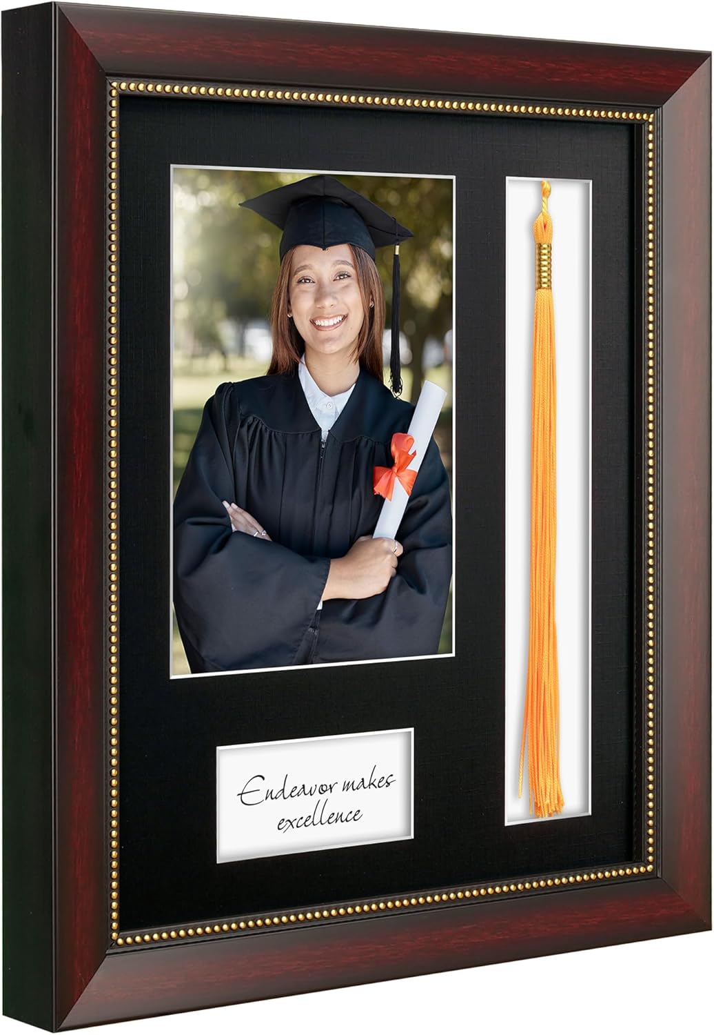 Graduate Frame with Tassel Holder, Graduation Party Gift and Keepsake, Black Linen Texture Paper Mat, Display 5x7 Photo and Tassel Souvenirs, Mahogany Frame with Gold Beads Embossing